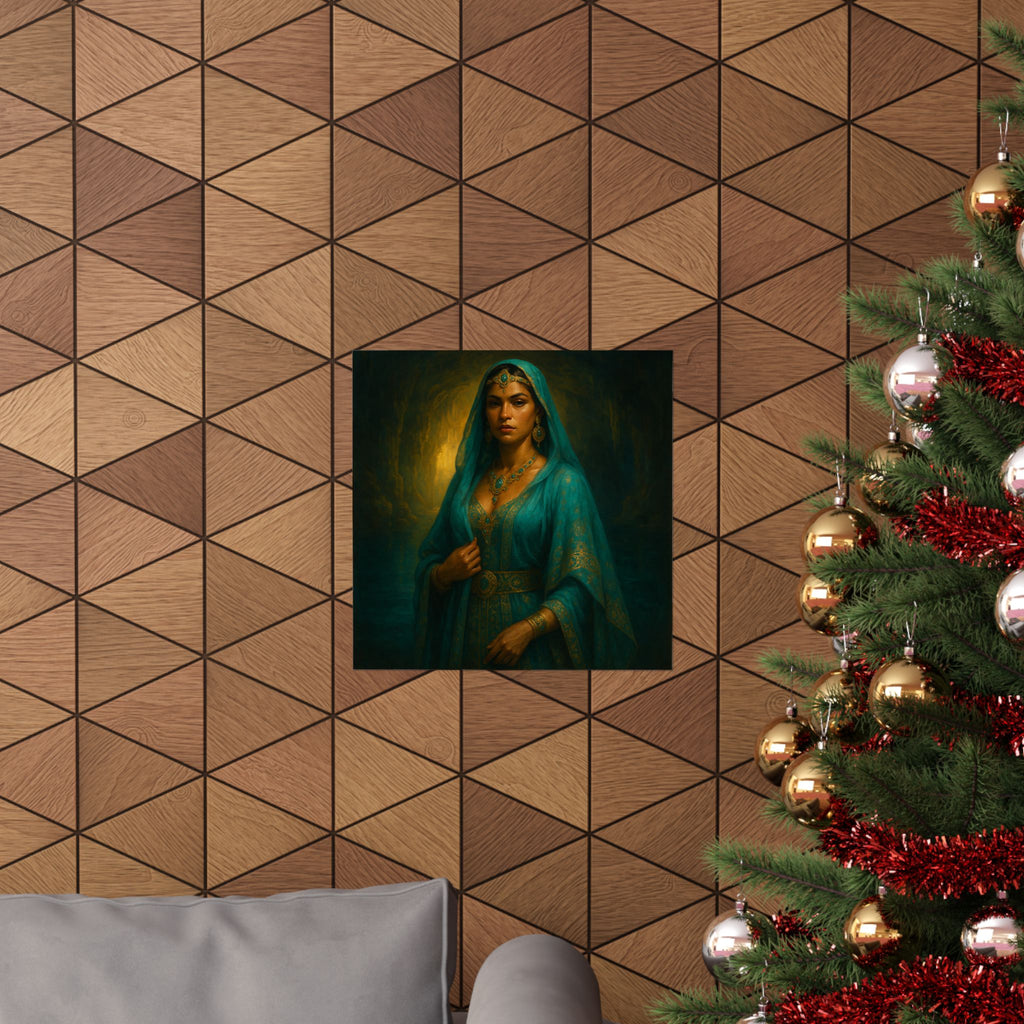 Pixel Bruja Wall Art | A Latina cenote-keeper bruja in luminous turquoise veils guarding | Latina Illustration Art Print