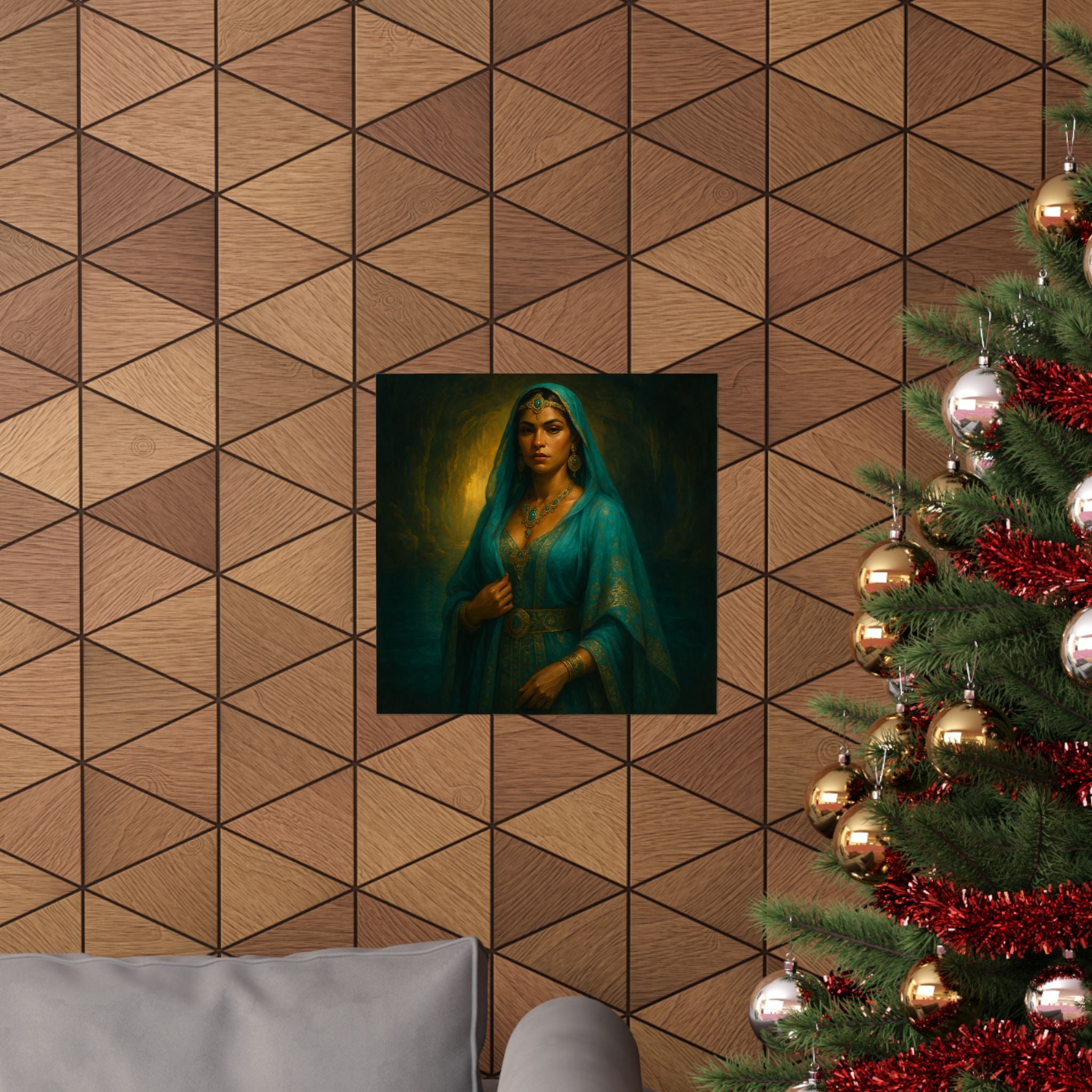 Pixel Bruja Wall Art | A Latina cenote-keeper bruja in luminous turquoise veils guarding | Latina Illustration Art Print