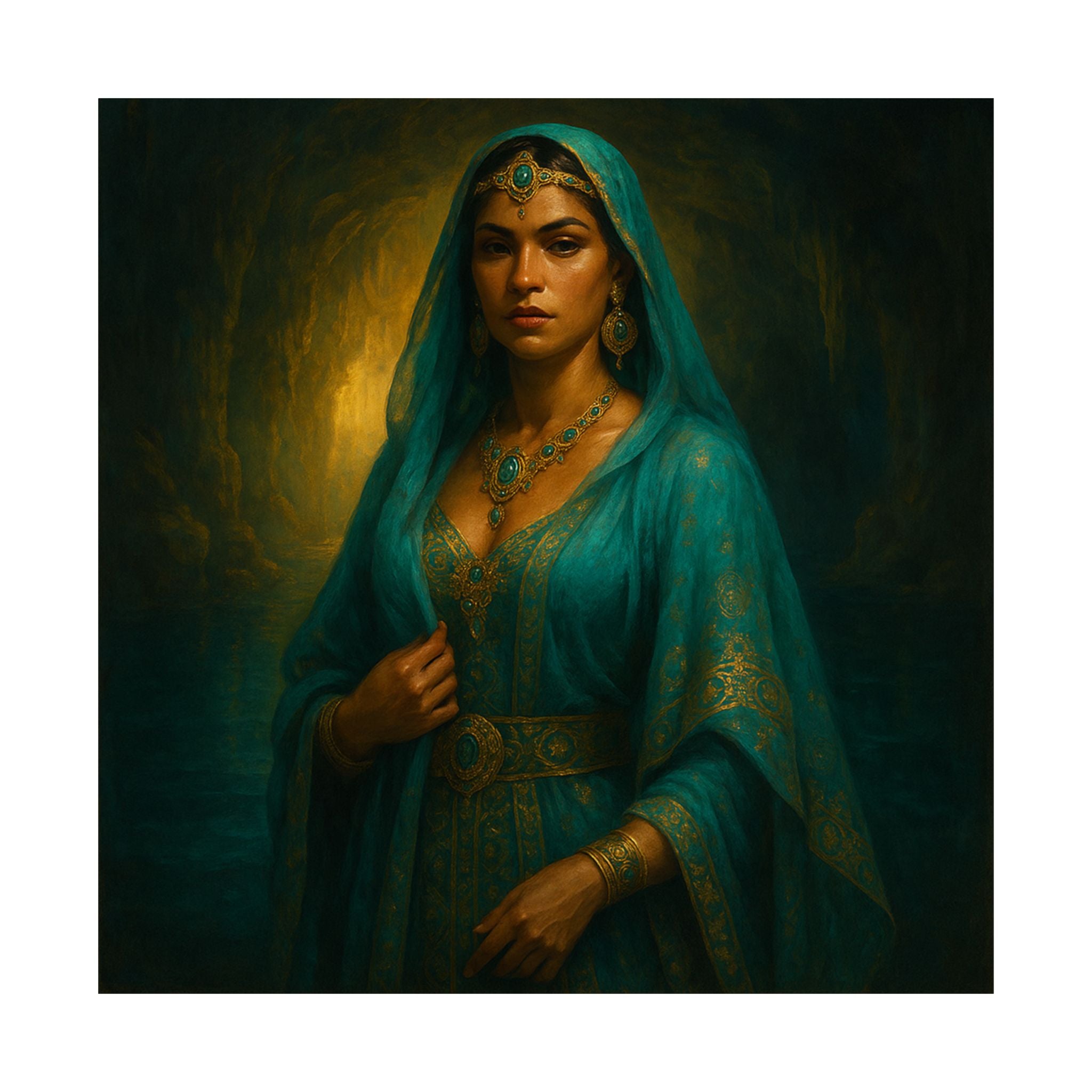 Pixel Bruja Wall Art | A Latina cenote-keeper bruja in luminous turquoise veils guarding | Latina Illustration Art Print