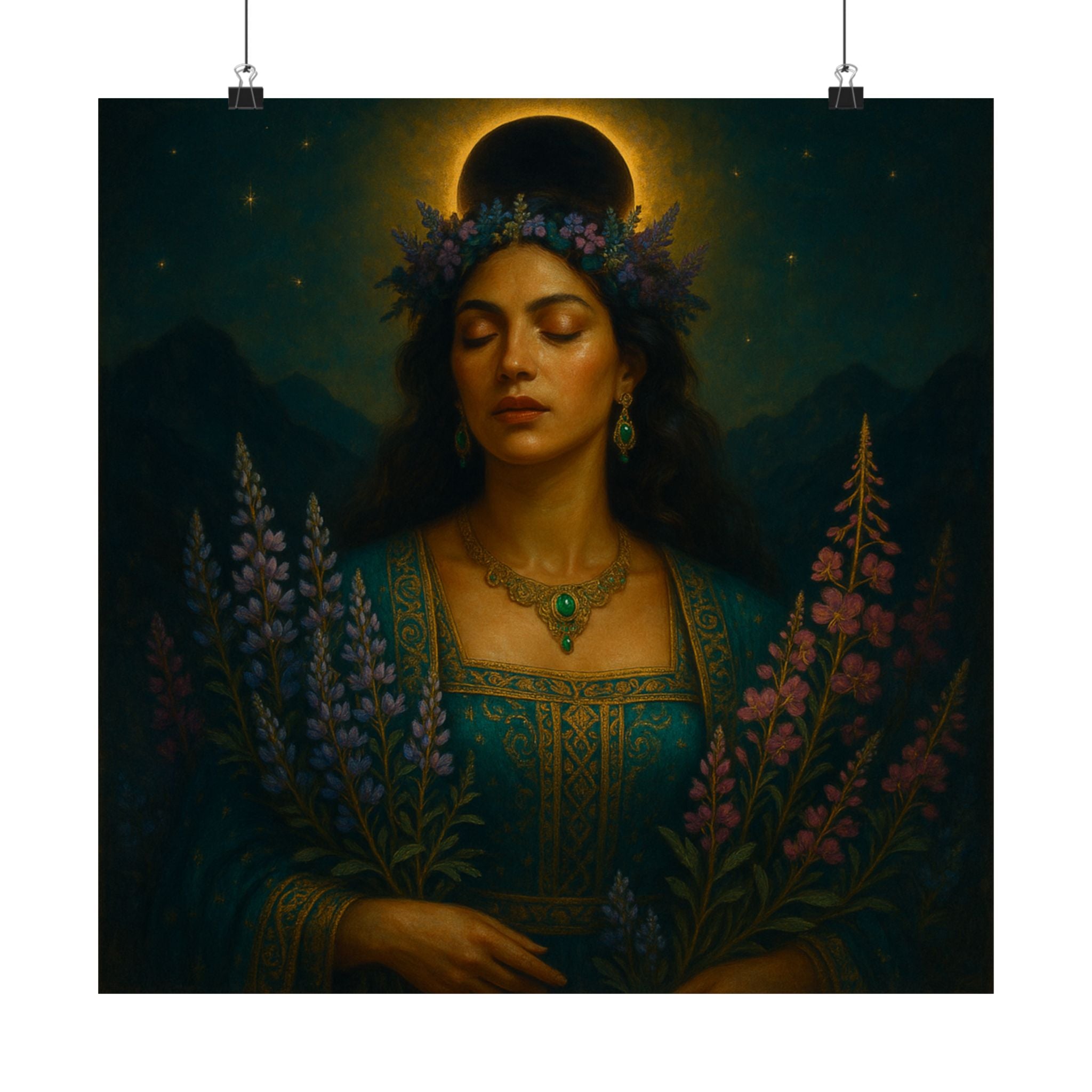 Pixel Bruja Wall Art | A starlit lupine-and-fireweed goddess of the mountain meadows | Latina Illustration Art Print