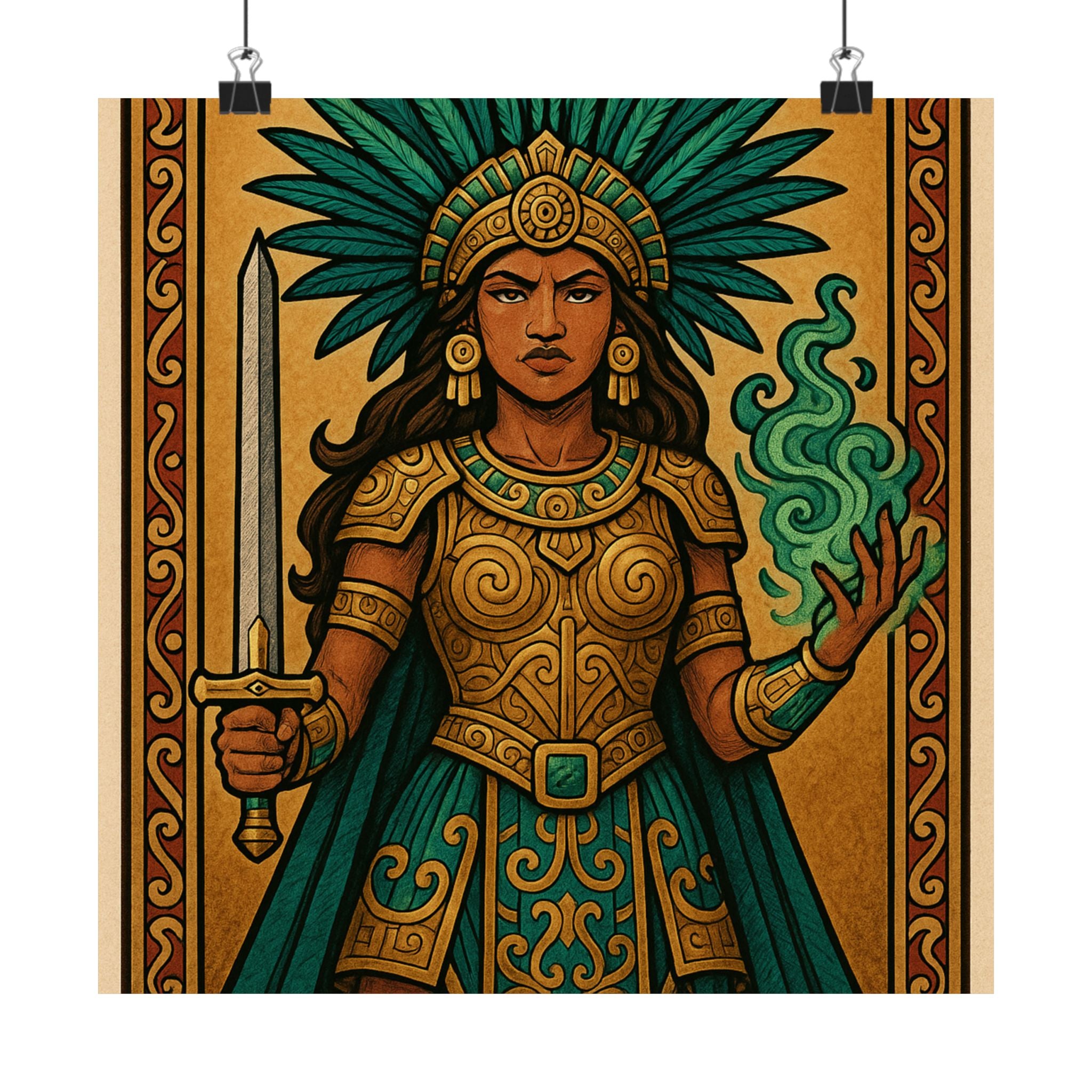Pixel Bruja Wall Art | Latina Warrior Queen Illustration | Mesoamerican Bruja Art Print | Loteria Tarot Poster