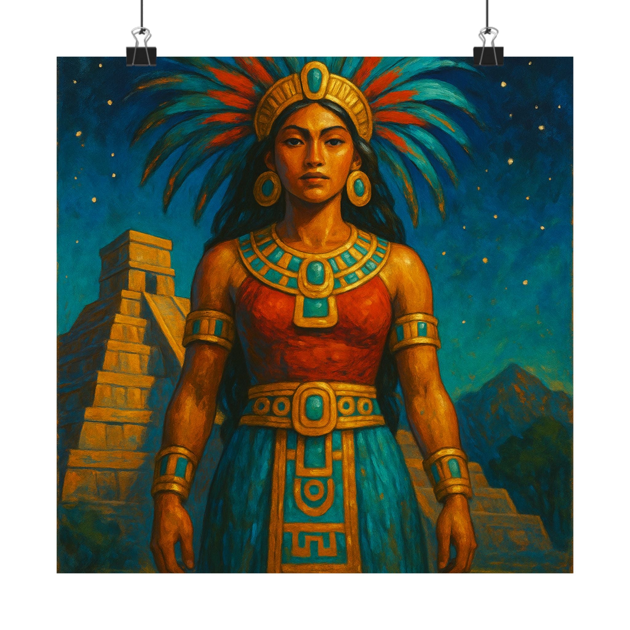 Pixel Bruja Wall Art | Mesoamerican Goddess Illustration | Latina Bruja Art Print | Celestial Temple Poster
