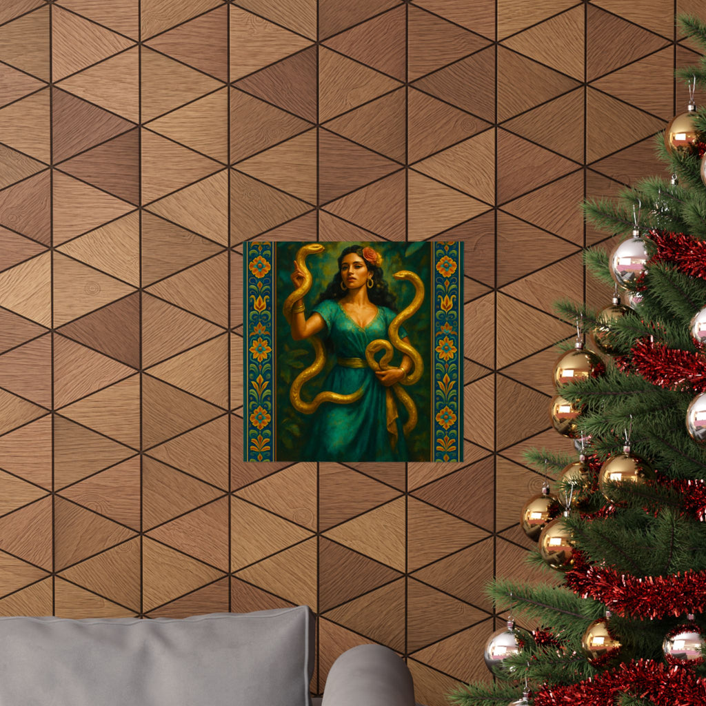 Pixel Bruja Wall Art | A Latina serpent charmer with golden snakes | Latina Illustration Art Print