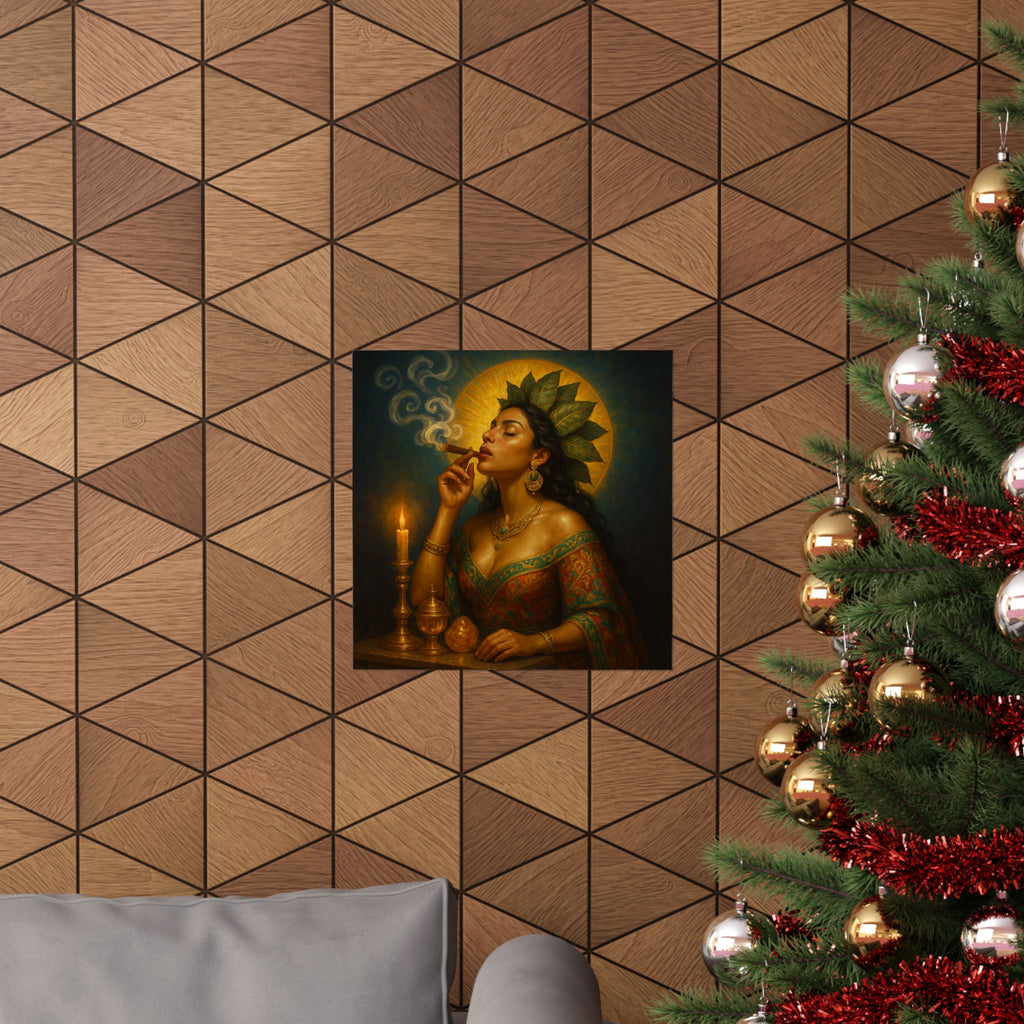 Pixel Bruja Wall Art | A Latina hojas-de-tabaco tobacco-leaf bruja exhaling silver smoke | Latina Illustration Art Print