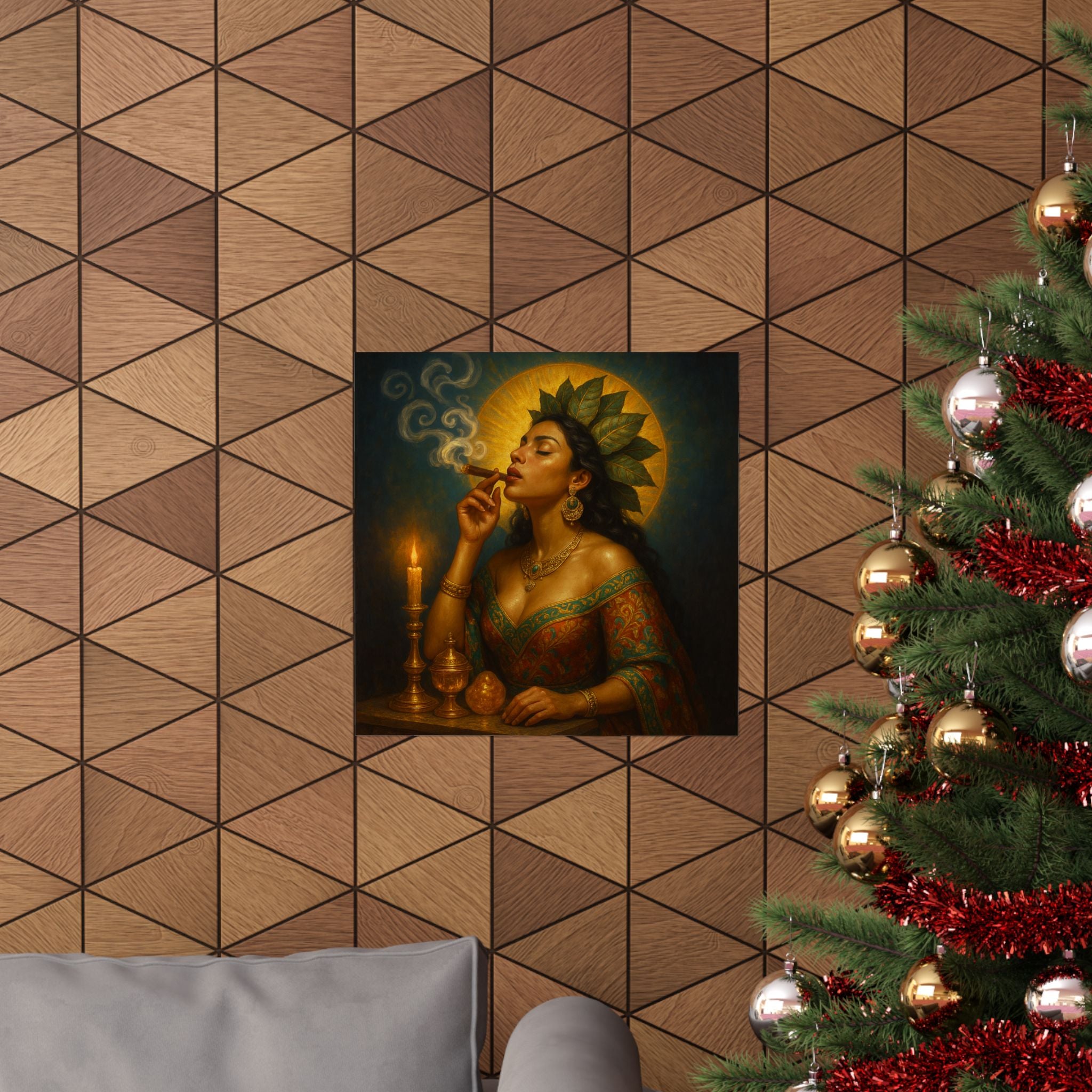 Pixel Bruja Wall Art | A Latina hojas-de-tabaco tobacco-leaf bruja exhaling silver smoke | Latina Illustration Art Print