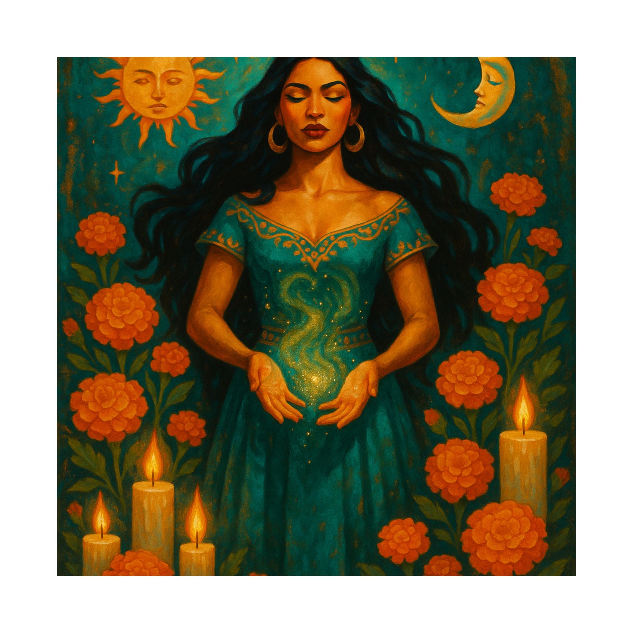 Pixel Bruja Wall Art | A beautiful Latina bruja with long flowing dark hair | Latina Illustration Art Print