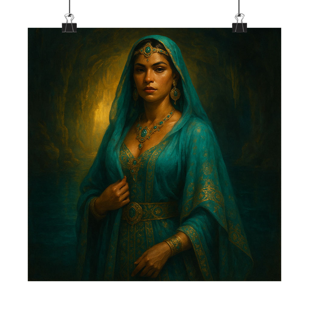 Pixel Bruja Wall Art | A Latina cenote-keeper bruja in luminous turquoise veils guarding | Latina Illustration Art Print
