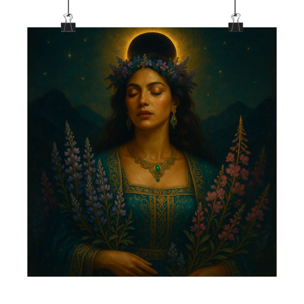 Pixel Bruja Wall Art | A starlit lupine-and-fireweed goddess of the mountain meadows | Latina Illustration Art Print