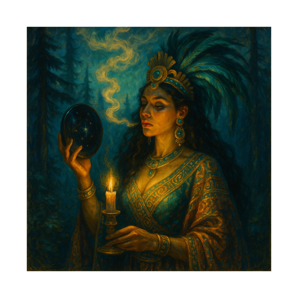 Pixel Bruja Wall Art | A Tezcatlipoca smoking-mirror sorceress gazing into obsidian refl | Latina Illustration Art Print