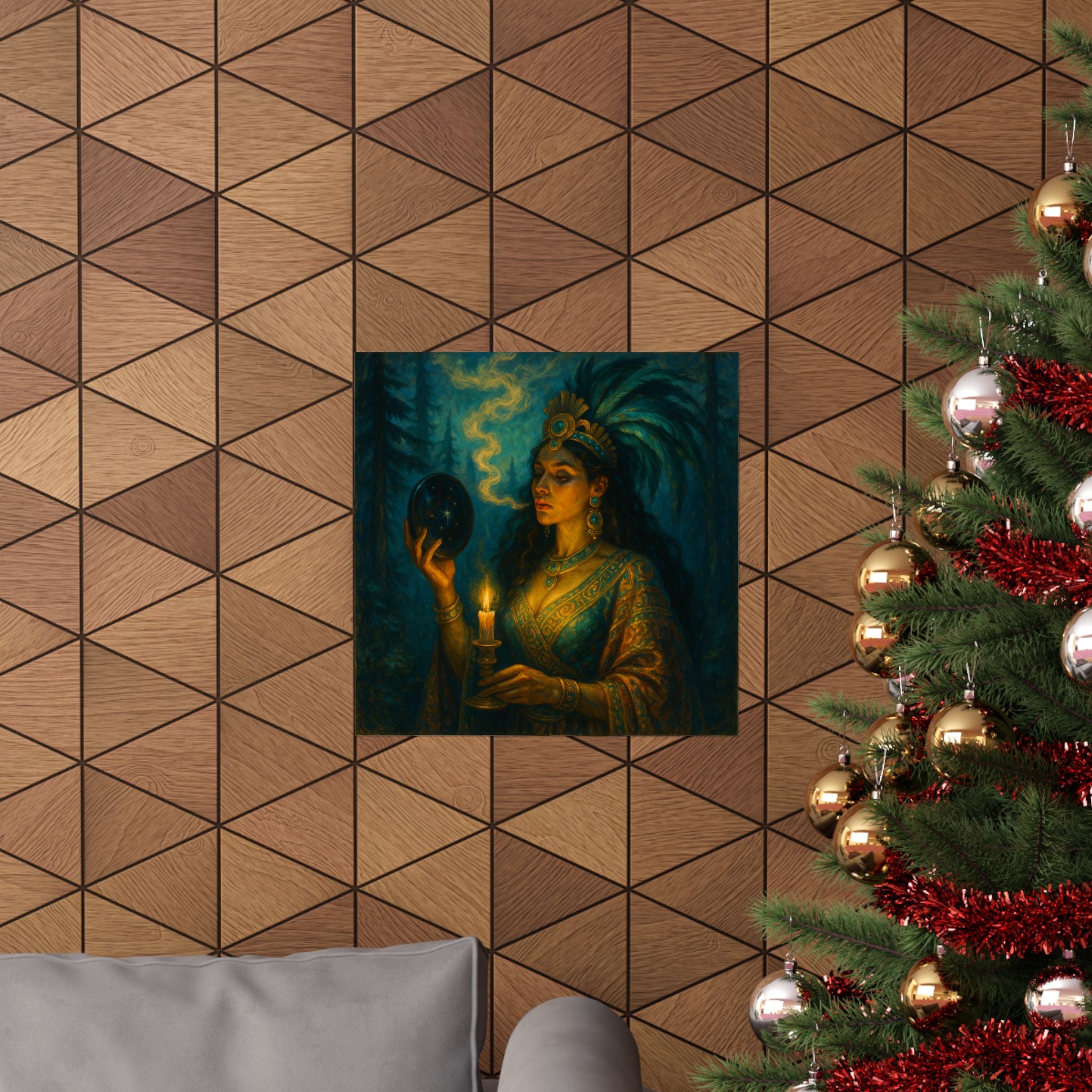 Pixel Bruja Wall Art | A Tezcatlipoca smoking-mirror sorceress gazing into obsidian refl | Latina Illustration Art Print