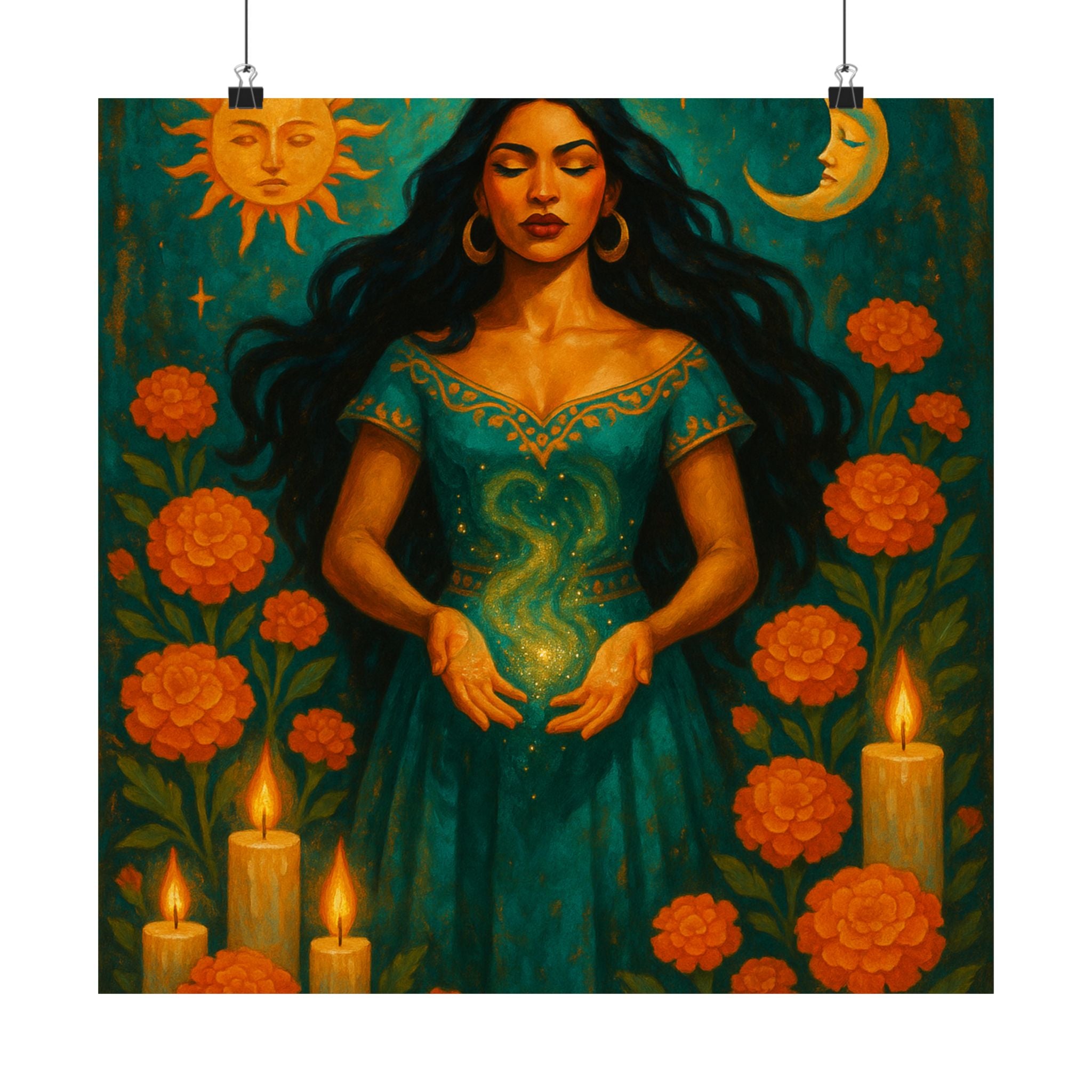 Pixel Bruja Wall Art | A beautiful Latina bruja with long flowing dark hair | Latina Illustration Art Print