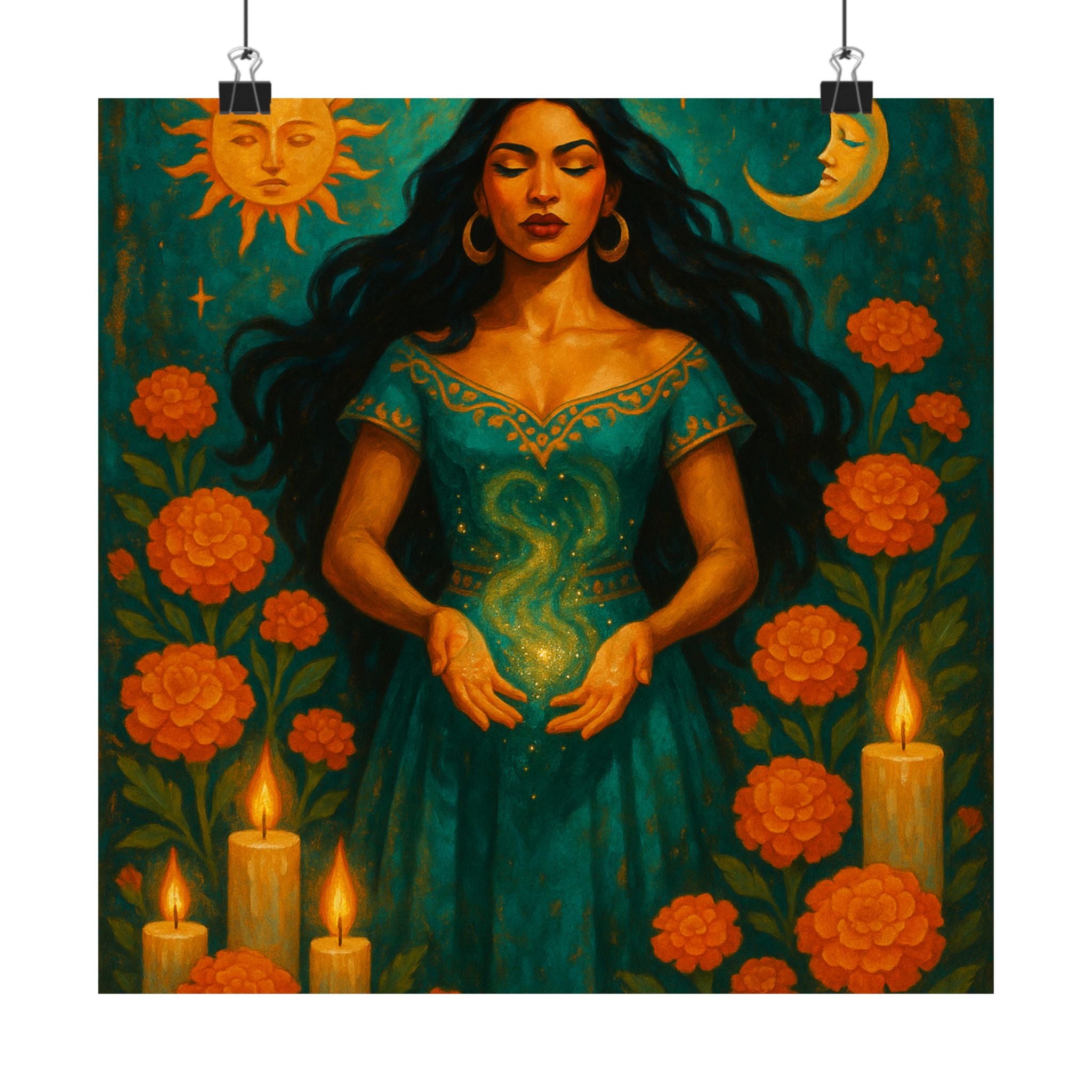 Pixel Bruja Wall Art | A beautiful Latina bruja with long flowing dark hair | Latina Illustration Art Print