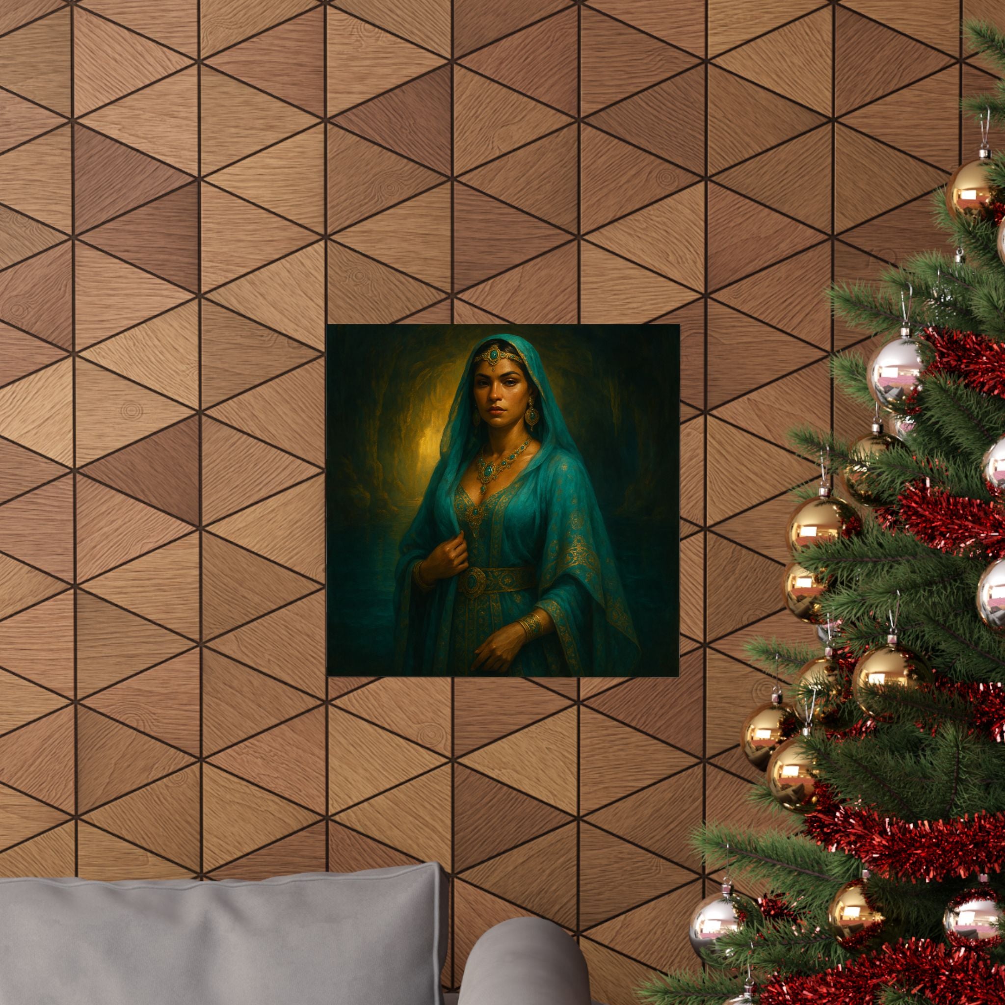 Pixel Bruja Wall Art | A Latina cenote-keeper bruja in luminous turquoise veils guarding | Latina Illustration Art Print