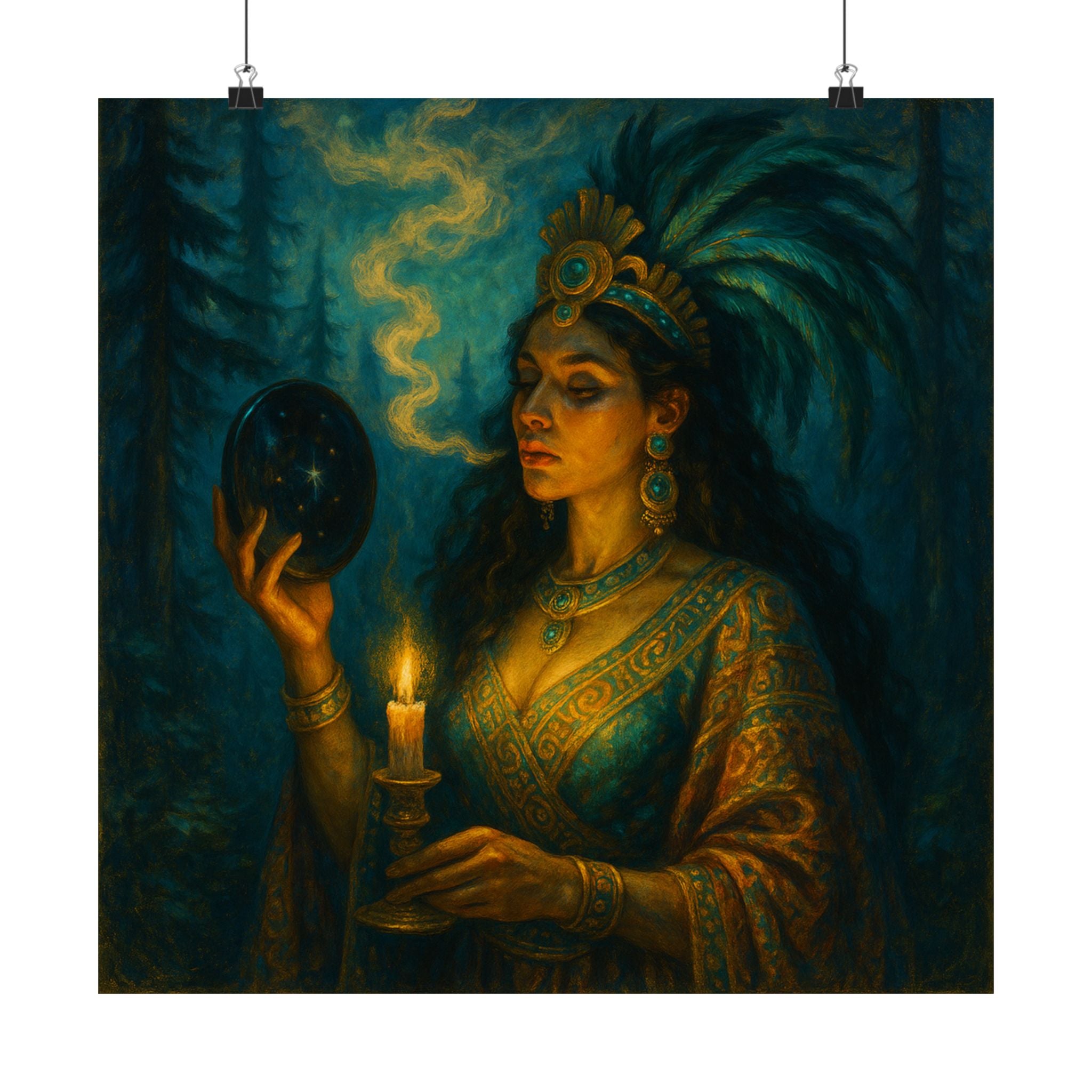 Pixel Bruja Wall Art | A Tezcatlipoca smoking-mirror sorceress gazing into obsidian refl | Latina Illustration Art Print