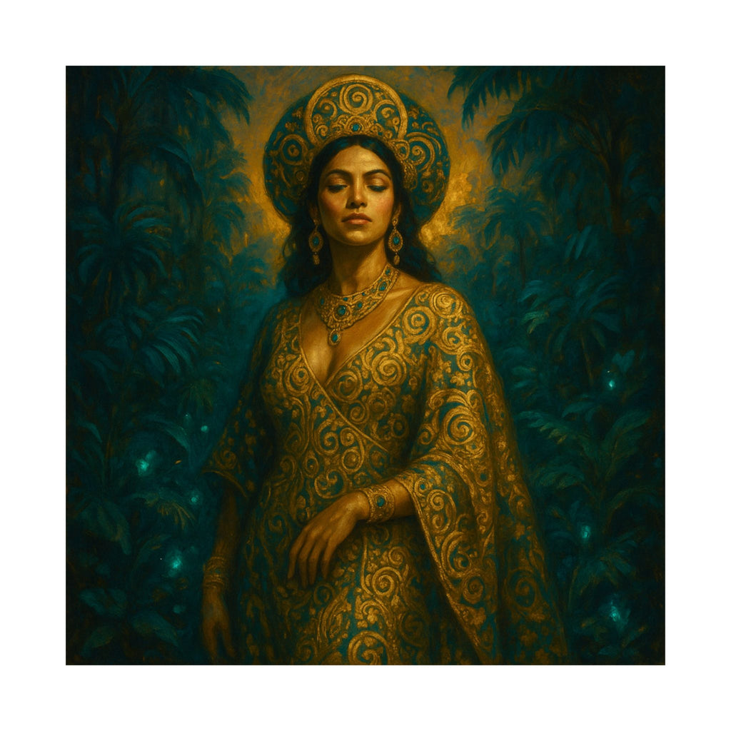 Pixel Bruja Wall Art | A Klimt-inspired goddess wrapped in ornamental gold patterns | Latina Illustration Art Print