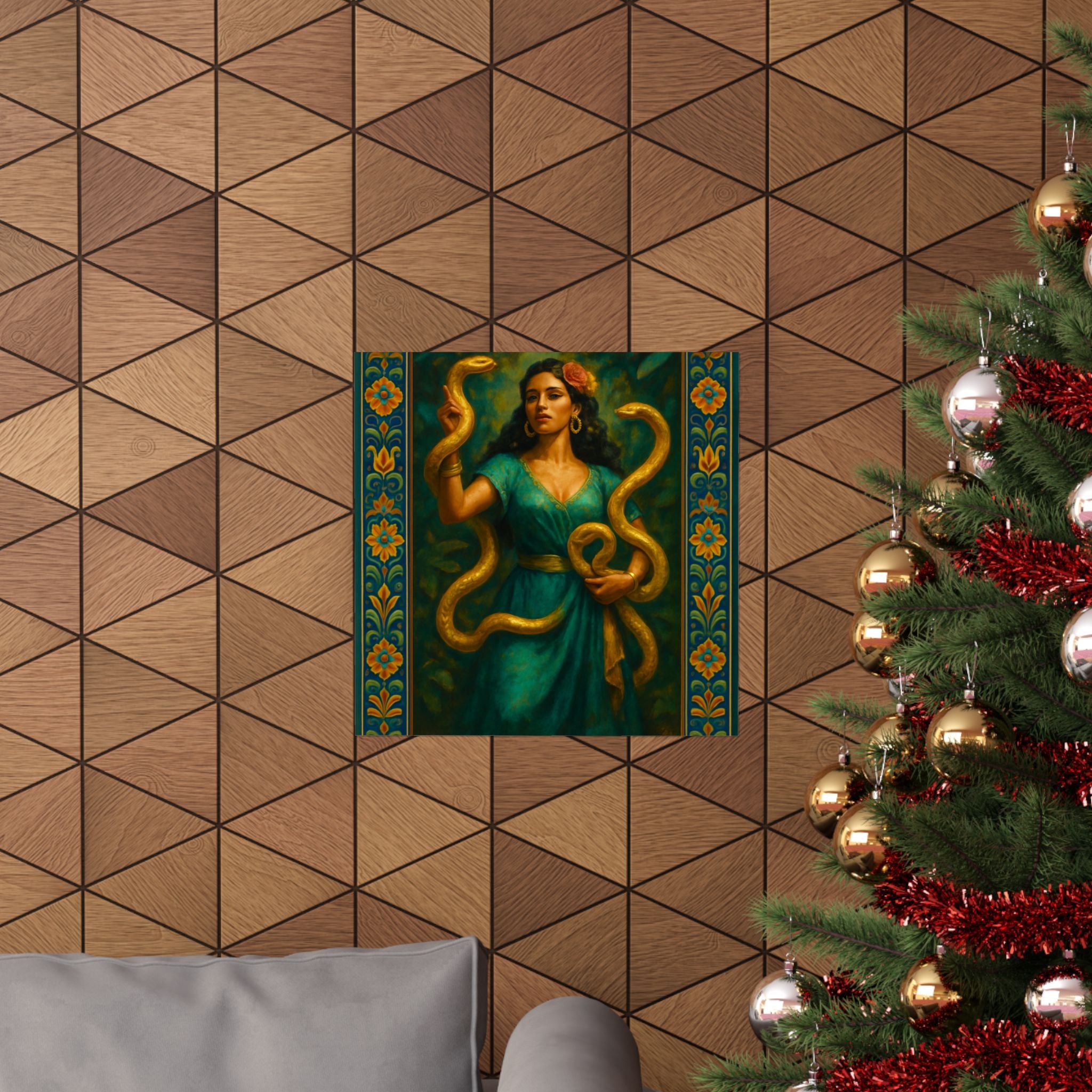Pixel Bruja Wall Art | A Latina serpent charmer with golden snakes | Latina Illustration Art Print
