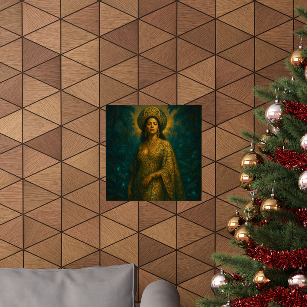 Pixel Bruja Wall Art | A Klimt-inspired goddess wrapped in ornamental gold patterns | Latina Illustration Art Print