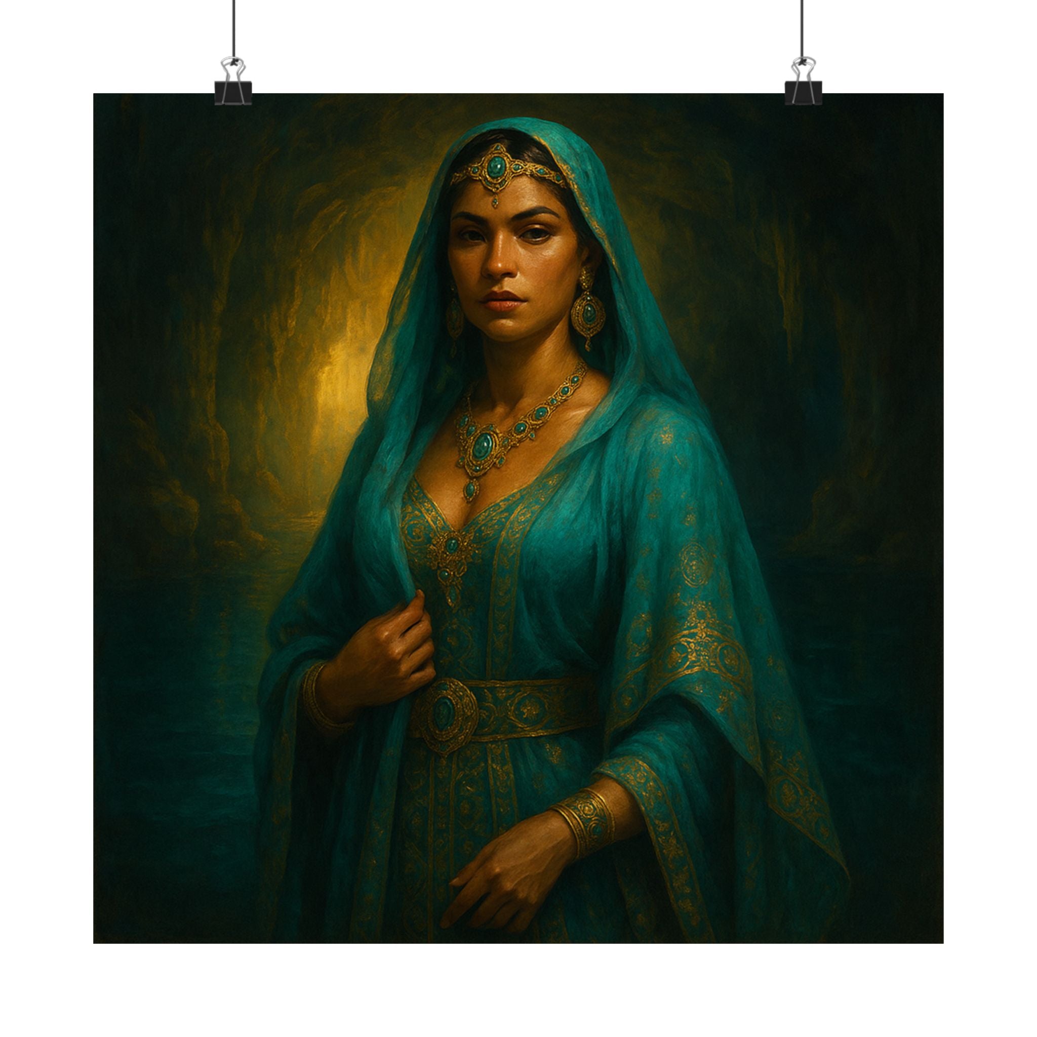 Pixel Bruja Wall Art | A Latina cenote-keeper bruja in luminous turquoise veils guarding | Latina Illustration Art Print