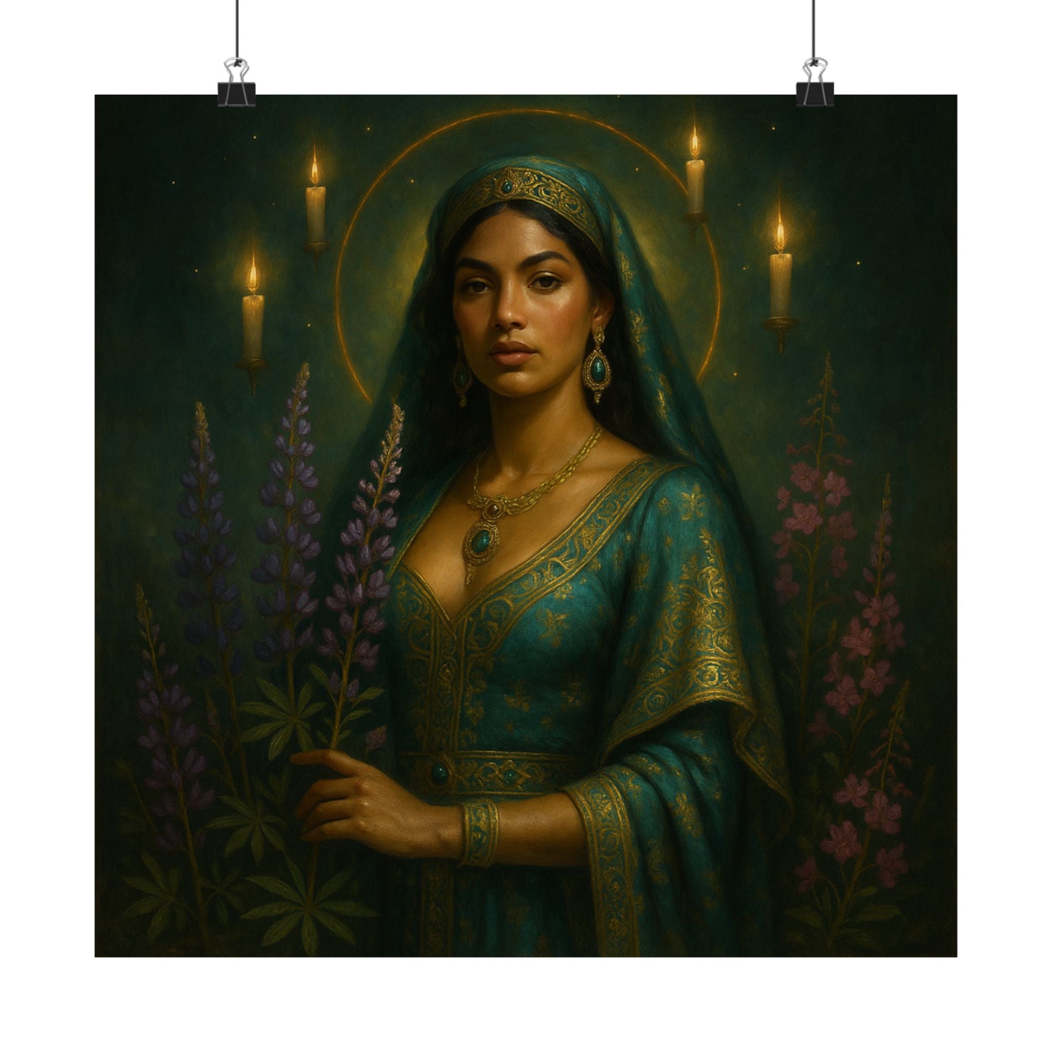 Pixel Bruja Wall Art | A starlit lupine-and-fireweed goddess of the mountain meadows | Latina Illustration Art Print