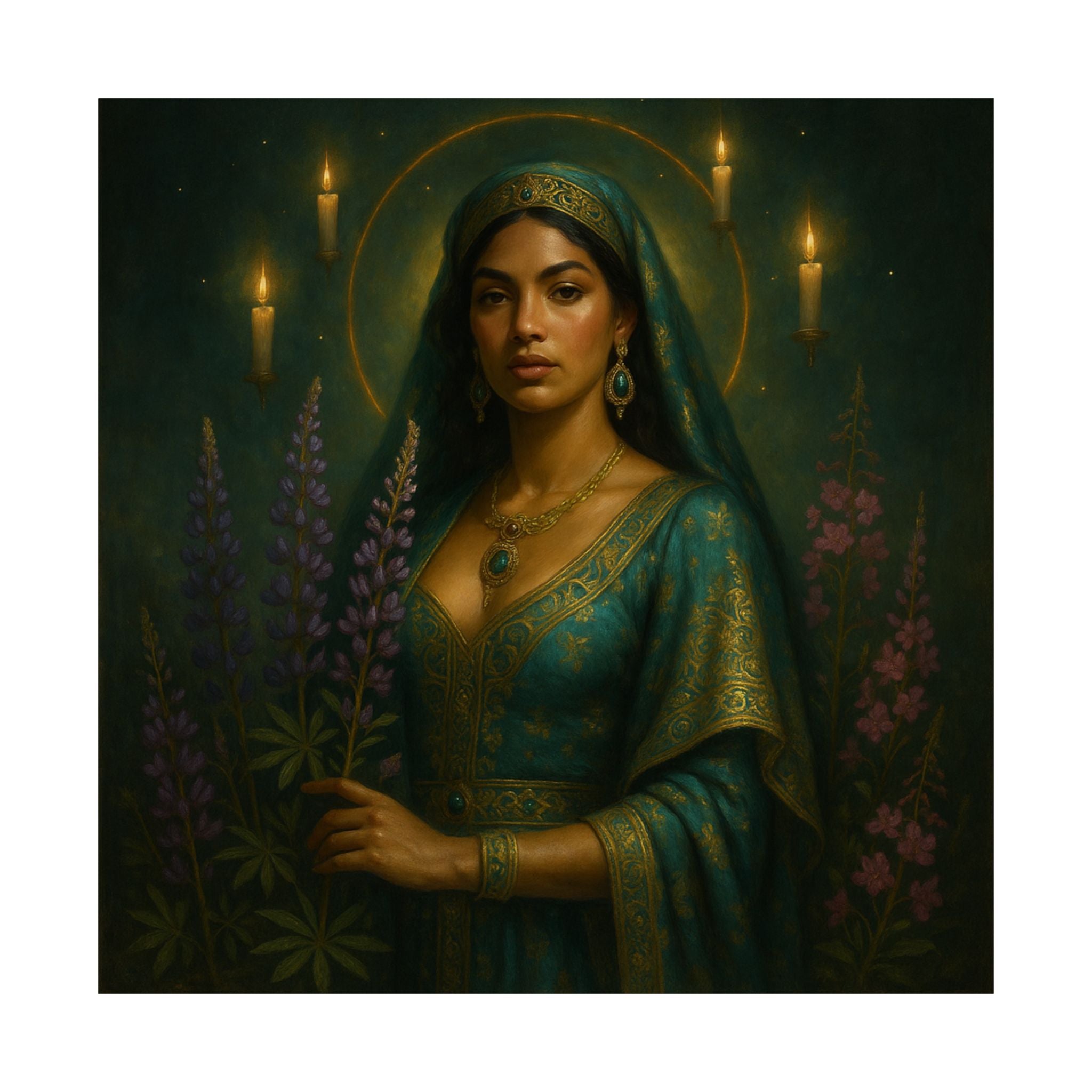Pixel Bruja Wall Art | A starlit lupine-and-fireweed goddess of the mountain meadows | Latina Illustration Art Print