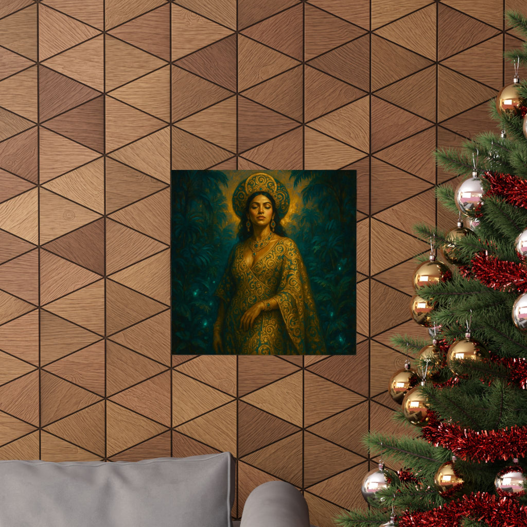 Pixel Bruja Wall Art | A Klimt-inspired goddess wrapped in ornamental gold patterns | Latina Illustration Art Print