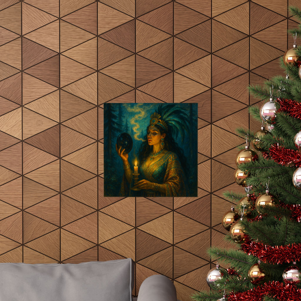 Pixel Bruja Wall Art | A Tezcatlipoca smoking-mirror sorceress gazing into obsidian refl | Latina Illustration Art Print