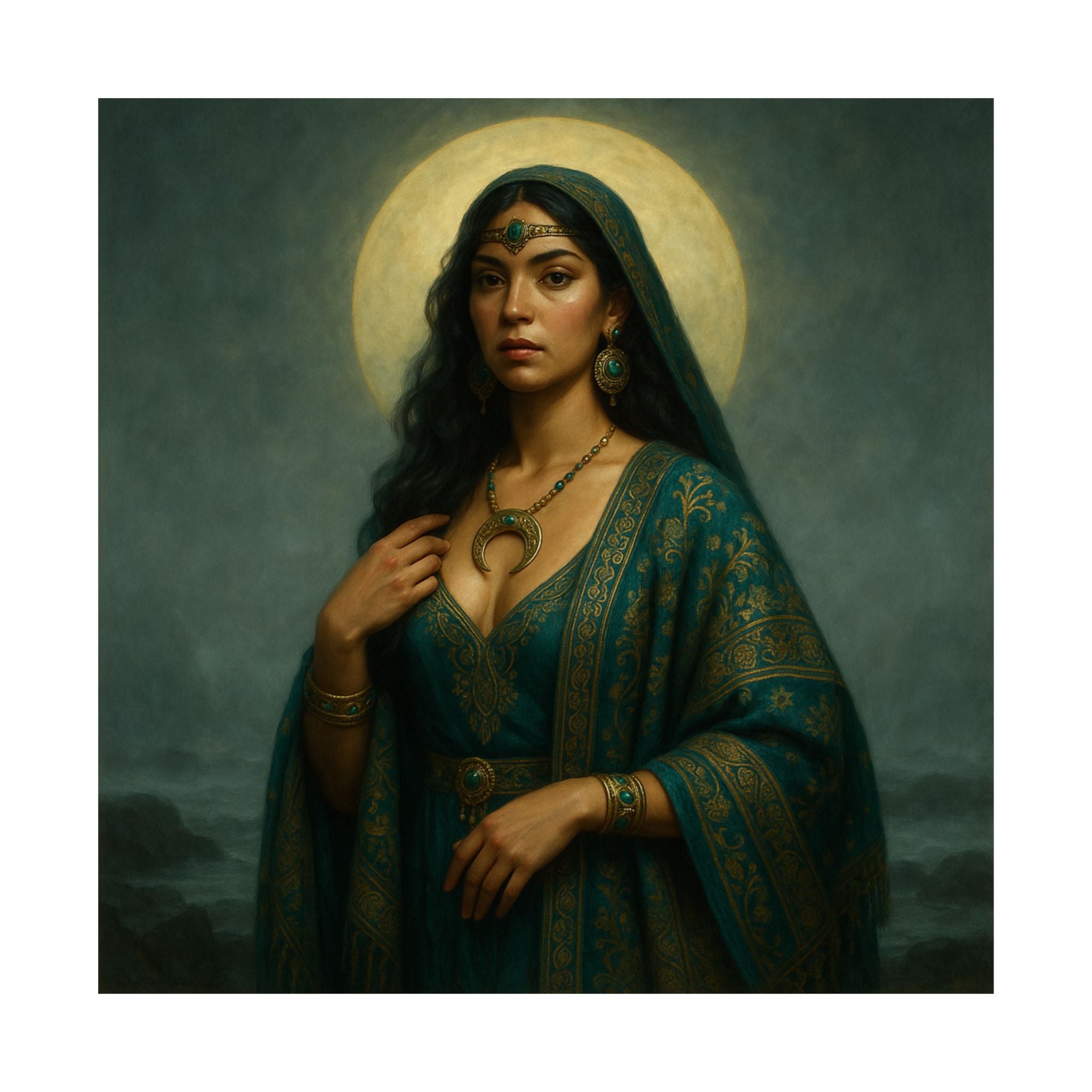Pixel Bruja Wall Art | A sensual Pacific Northwest moon priestess on a foggy basalt shor | Latina Illustration Art Print