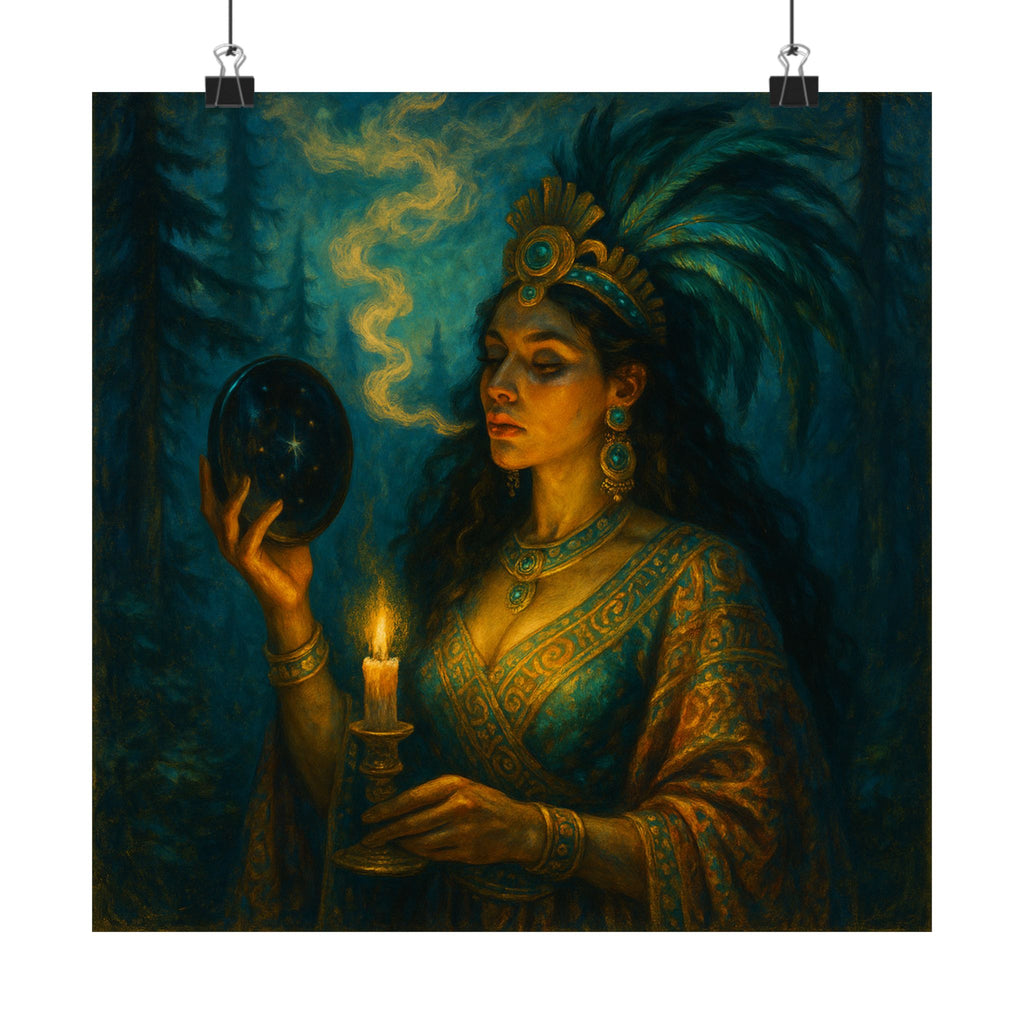 Pixel Bruja Wall Art | A Tezcatlipoca smoking-mirror sorceress gazing into obsidian refl | Latina Illustration Art Print