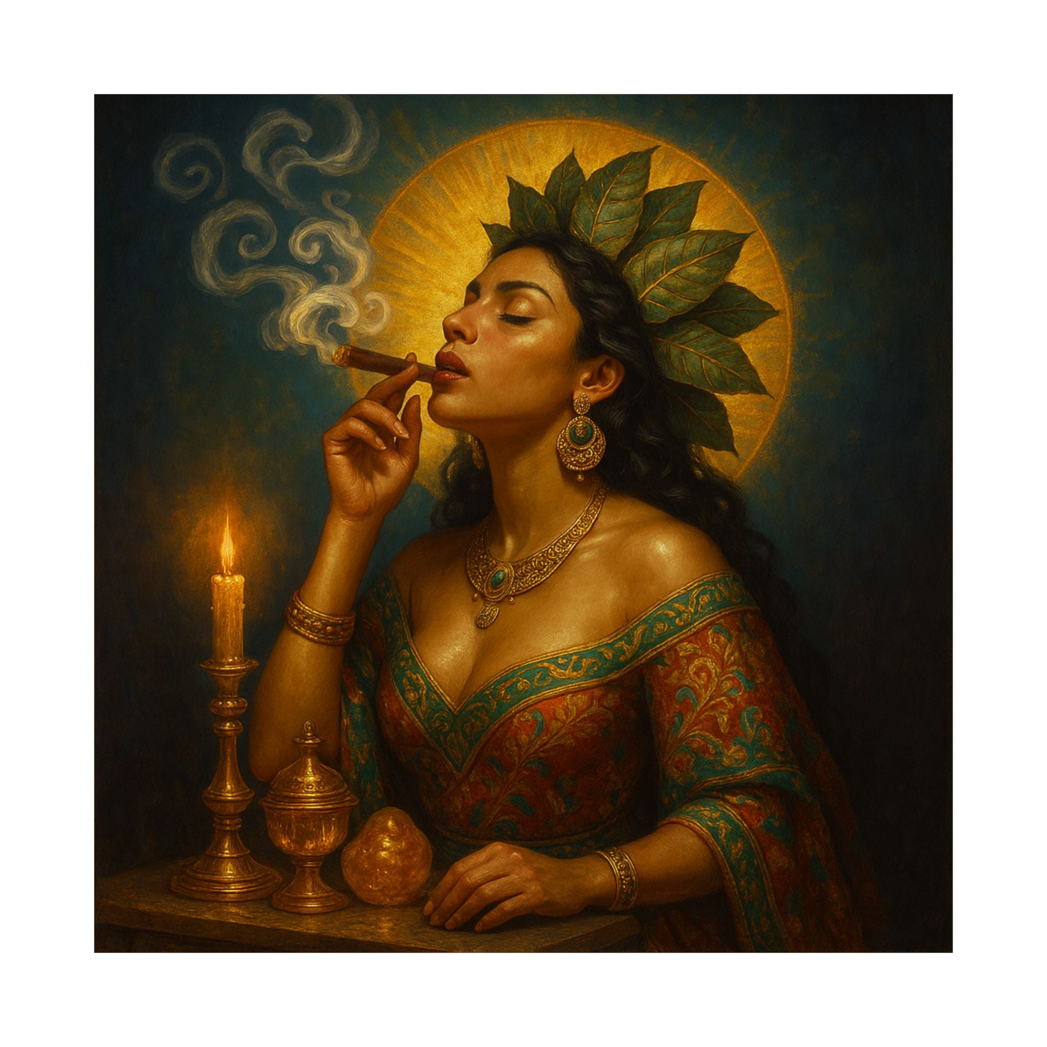 Pixel Bruja Wall Art | A Latina hojas-de-tabaco tobacco-leaf bruja exhaling silver smoke | Latina Illustration Art Print