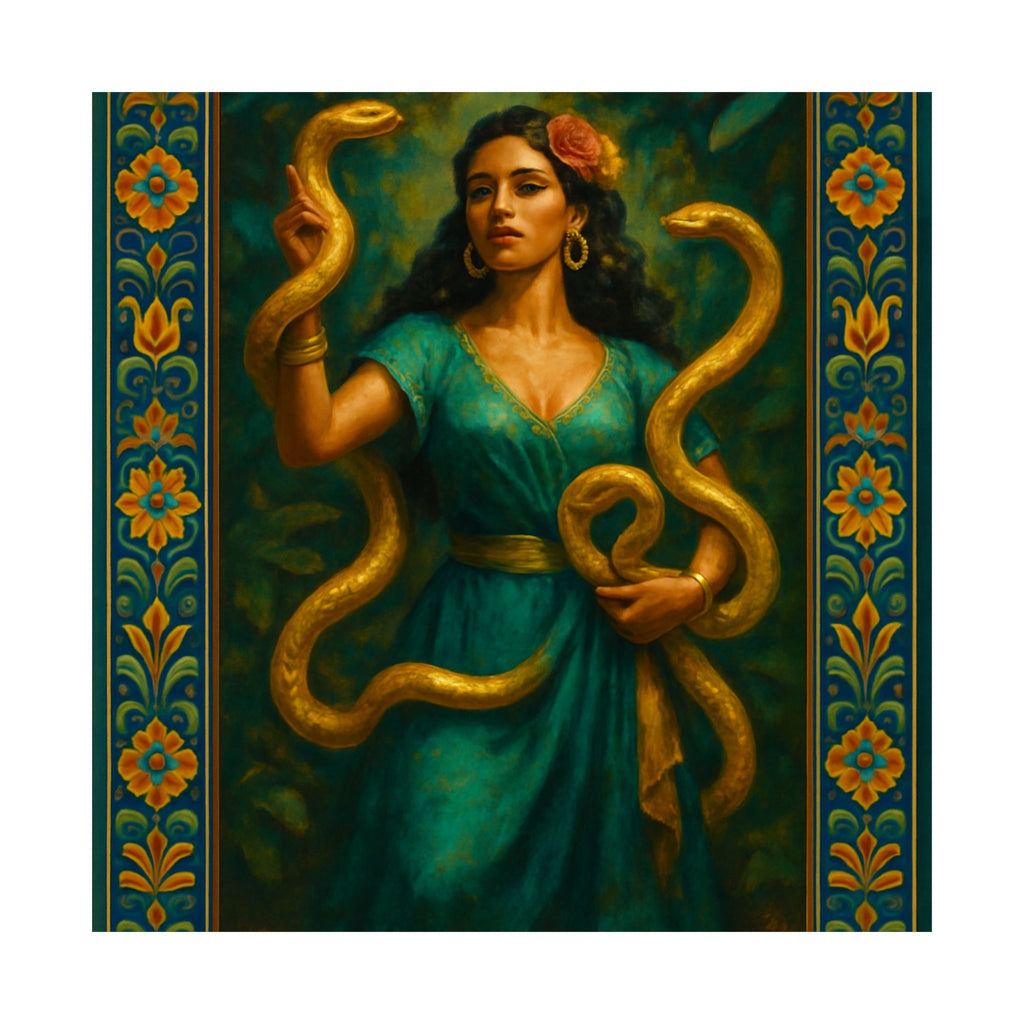 Pixel Bruja Wall Art | A Latina serpent charmer with golden snakes | Latina Illustration Art Print