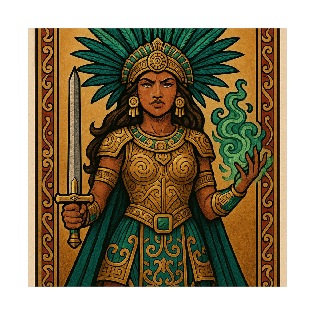 Pixel Bruja Wall Art | Latina Warrior Queen Illustration | Mesoamerican Bruja Art Print | Loteria Tarot Poster