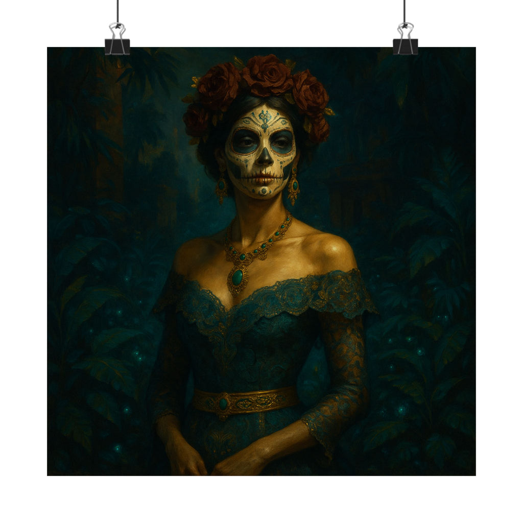 Pixel Bruja Wall Art | A Dia de los Muertos catrina in an elegant off-shoulder lace gown | Latina Illustration Art Print
