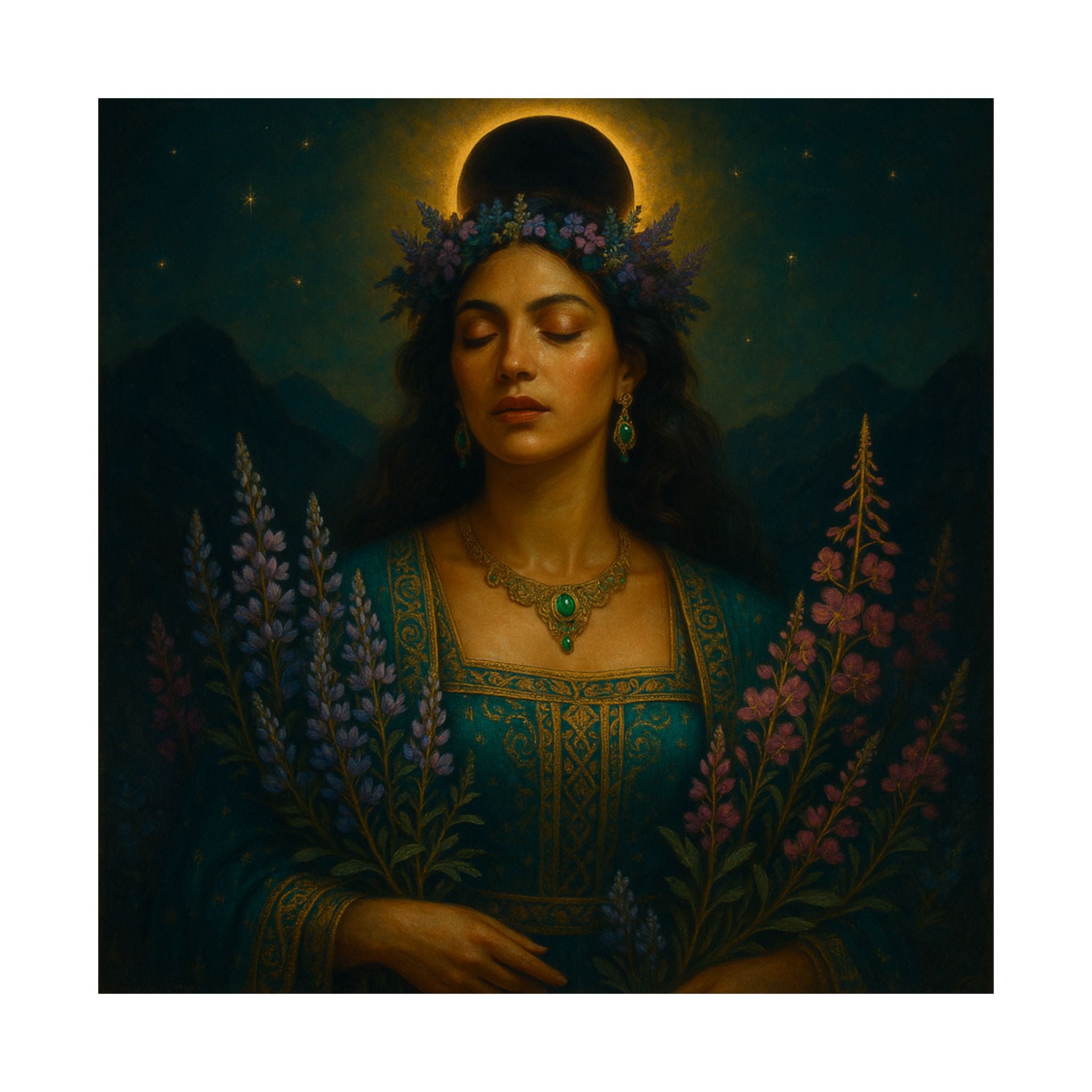 Pixel Bruja Wall Art | A starlit lupine-and-fireweed goddess of the mountain meadows | Latina Illustration Art Print