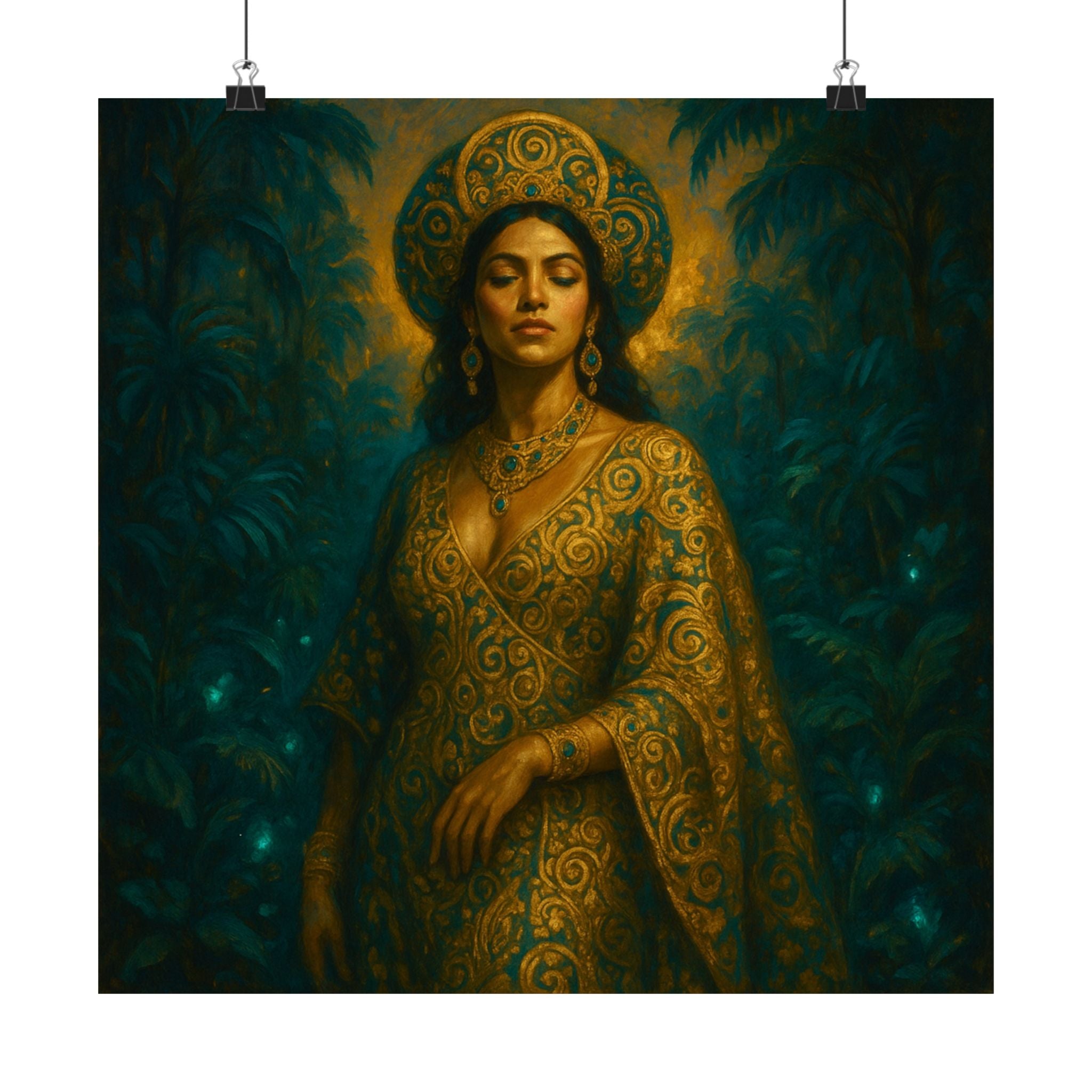 Pixel Bruja Wall Art | A Klimt-inspired goddess wrapped in ornamental gold patterns | Latina Illustration Art Print