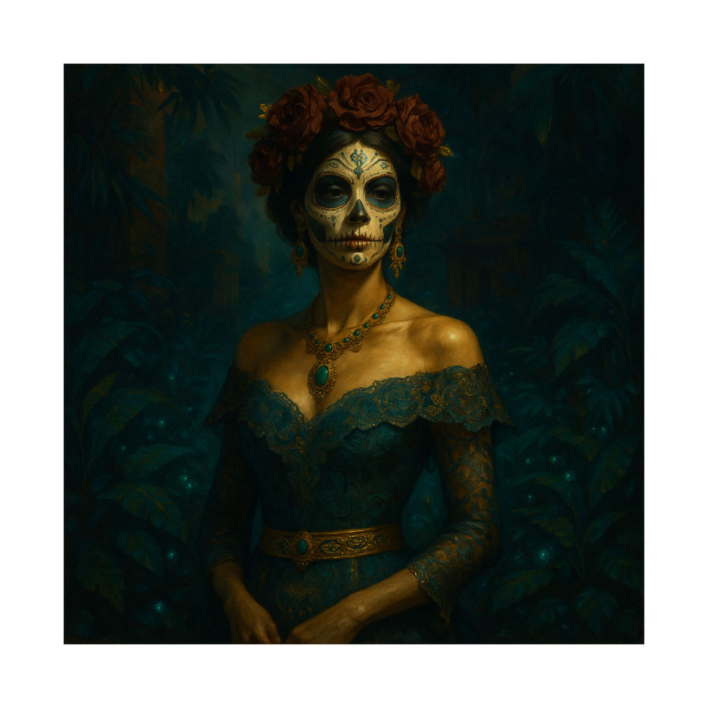 Pixel Bruja Wall Art | A Dia de los Muertos catrina in an elegant off-shoulder lace gown | Latina Illustration Art Print