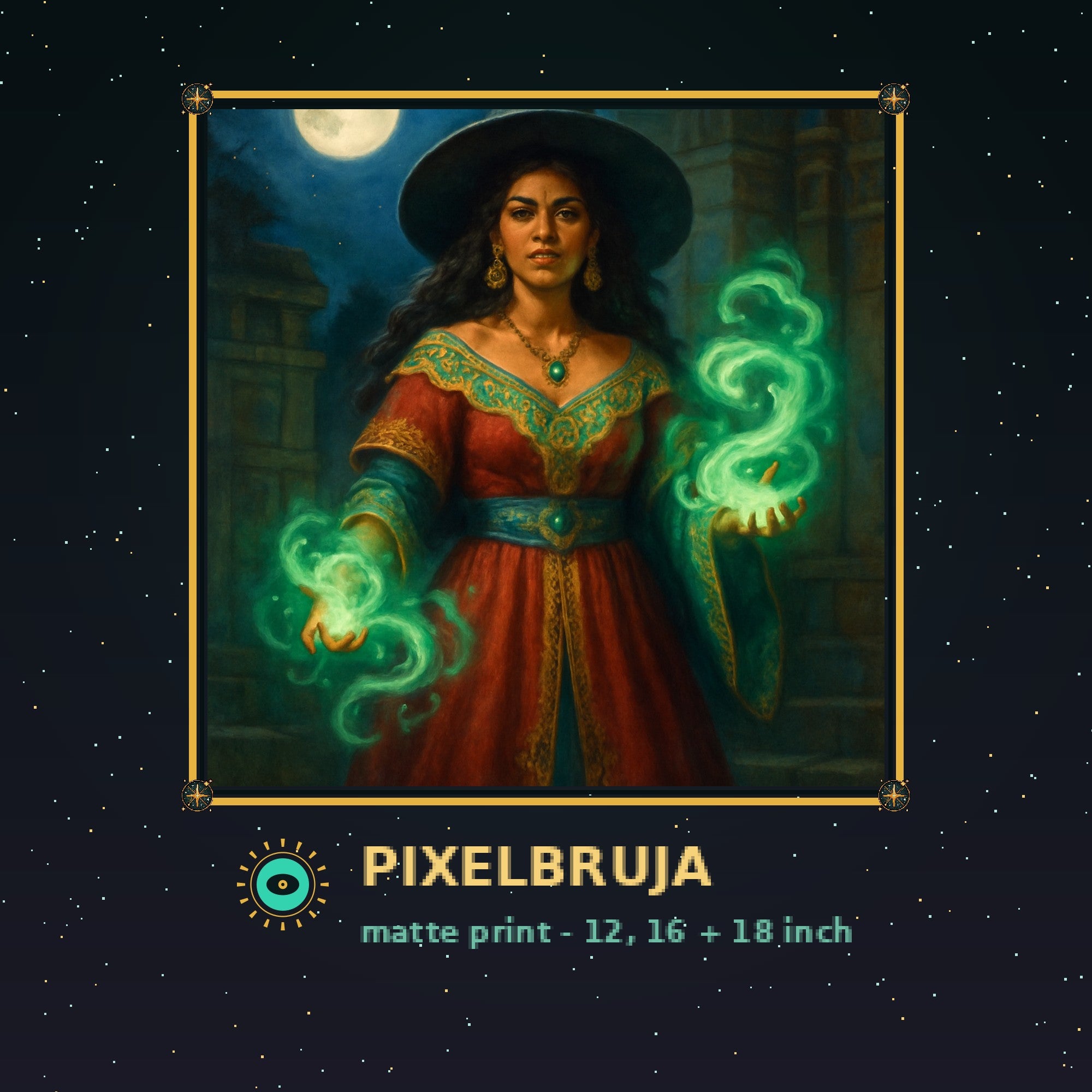 Latina Bruja Casting Jade Magic — Pixel Bruja Art Print — framed pixel mockup