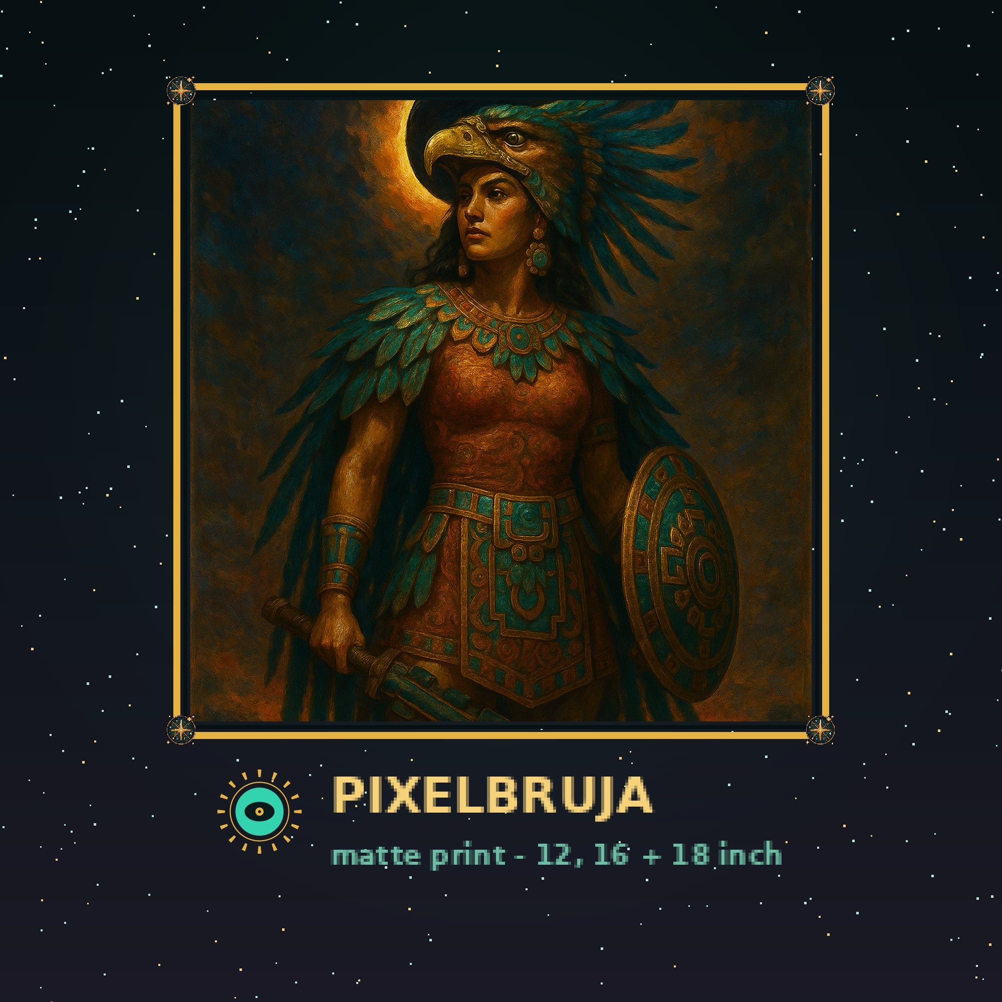 Aztec Eagle-Knight Heroine — Pixel Bruja Art Print — framed pixel mockup
