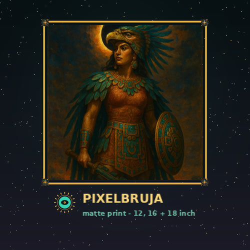 Aztec Eagle-Knight Heroine — Pixel Bruja Art Print — framed pixel mockup