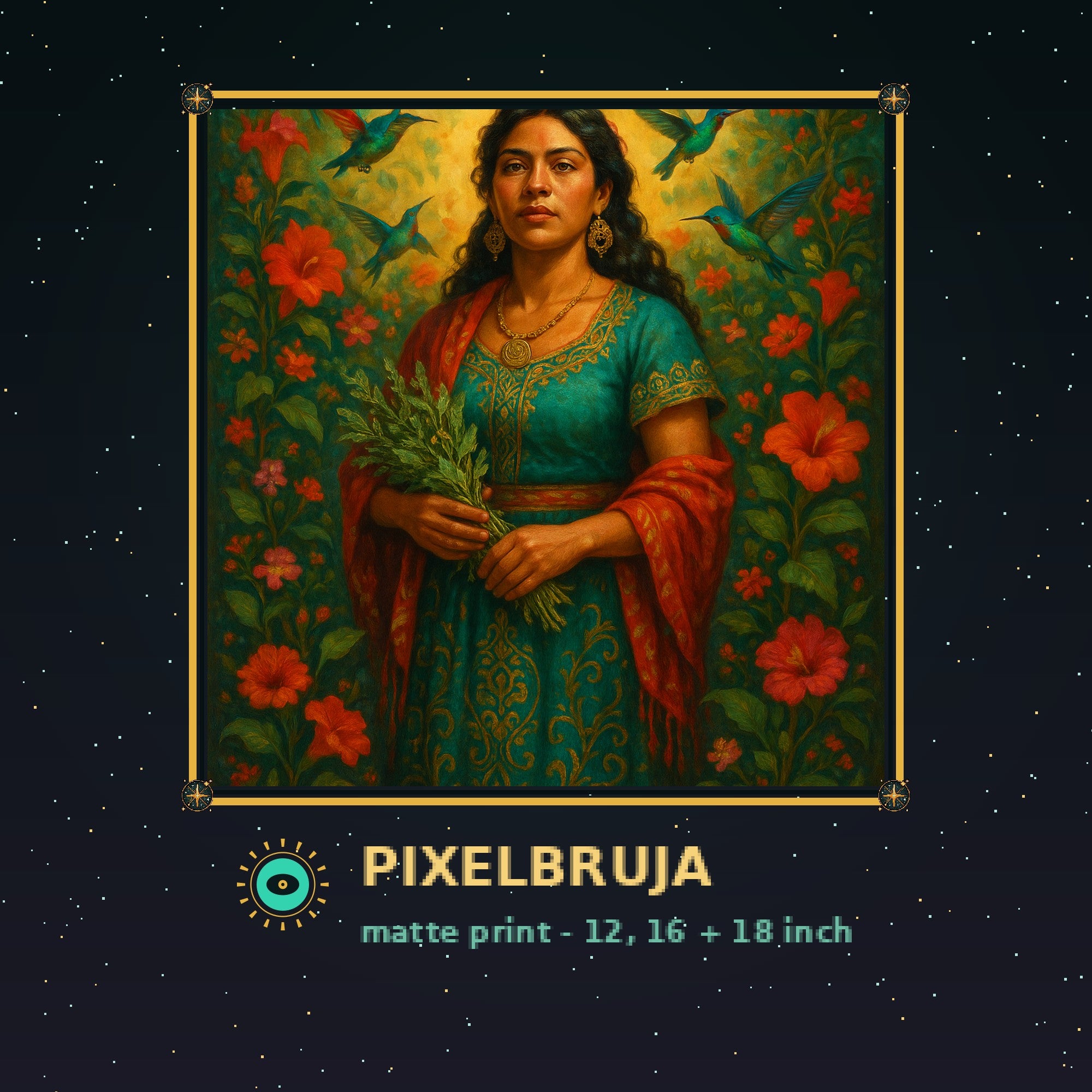 Latina Curandera with Healing Herbs — Pixel Bruja Art Print — framed pixel mockup