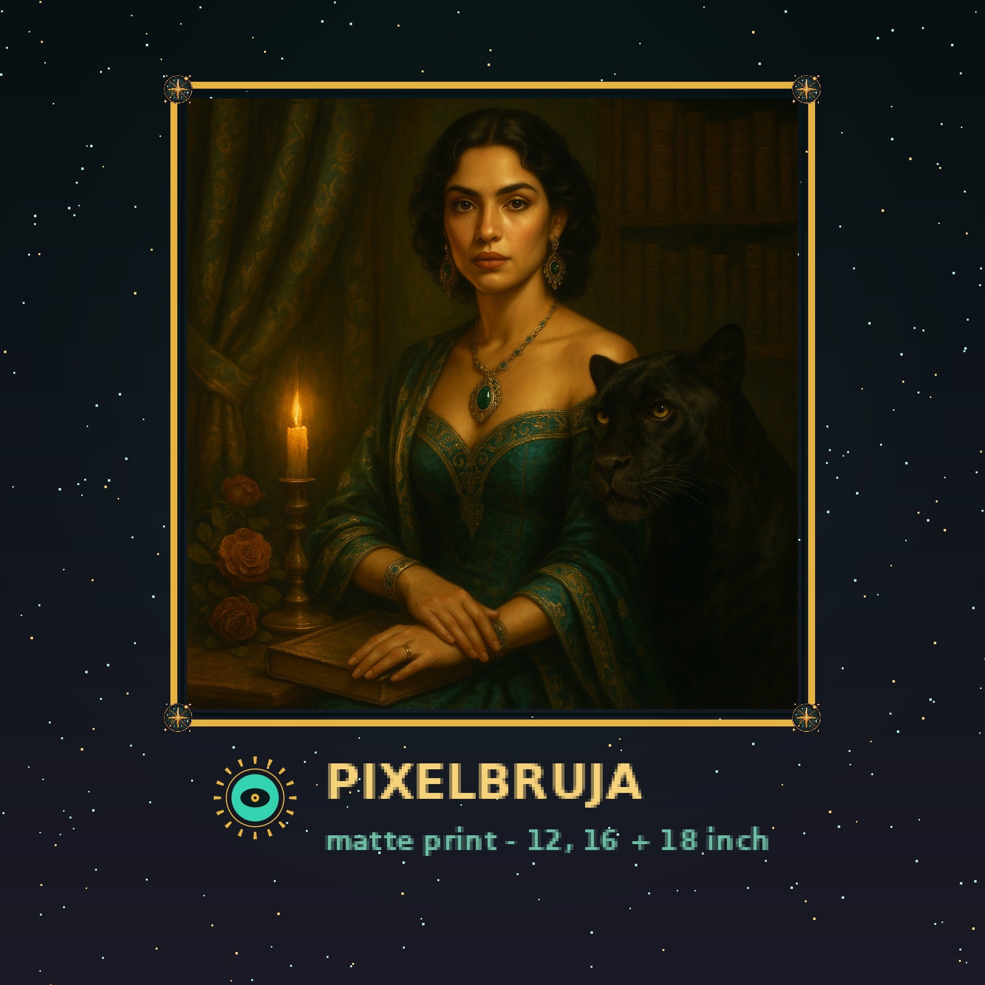 Dark-Academia Muse — Pixel Bruja Art Print — framed pixel mockup