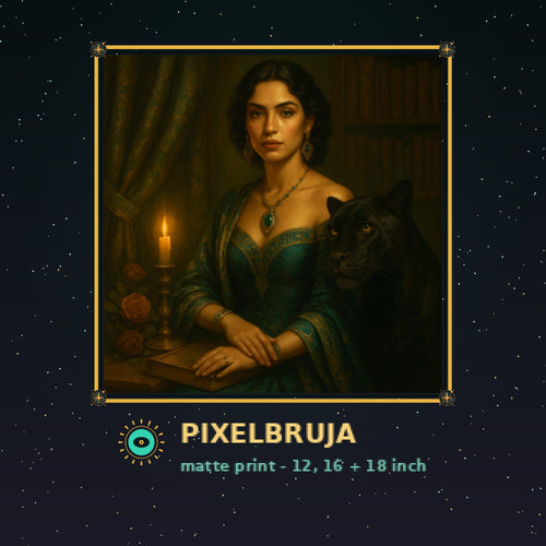 Dark-Academia Muse — Pixel Bruja Art Print — framed pixel mockup