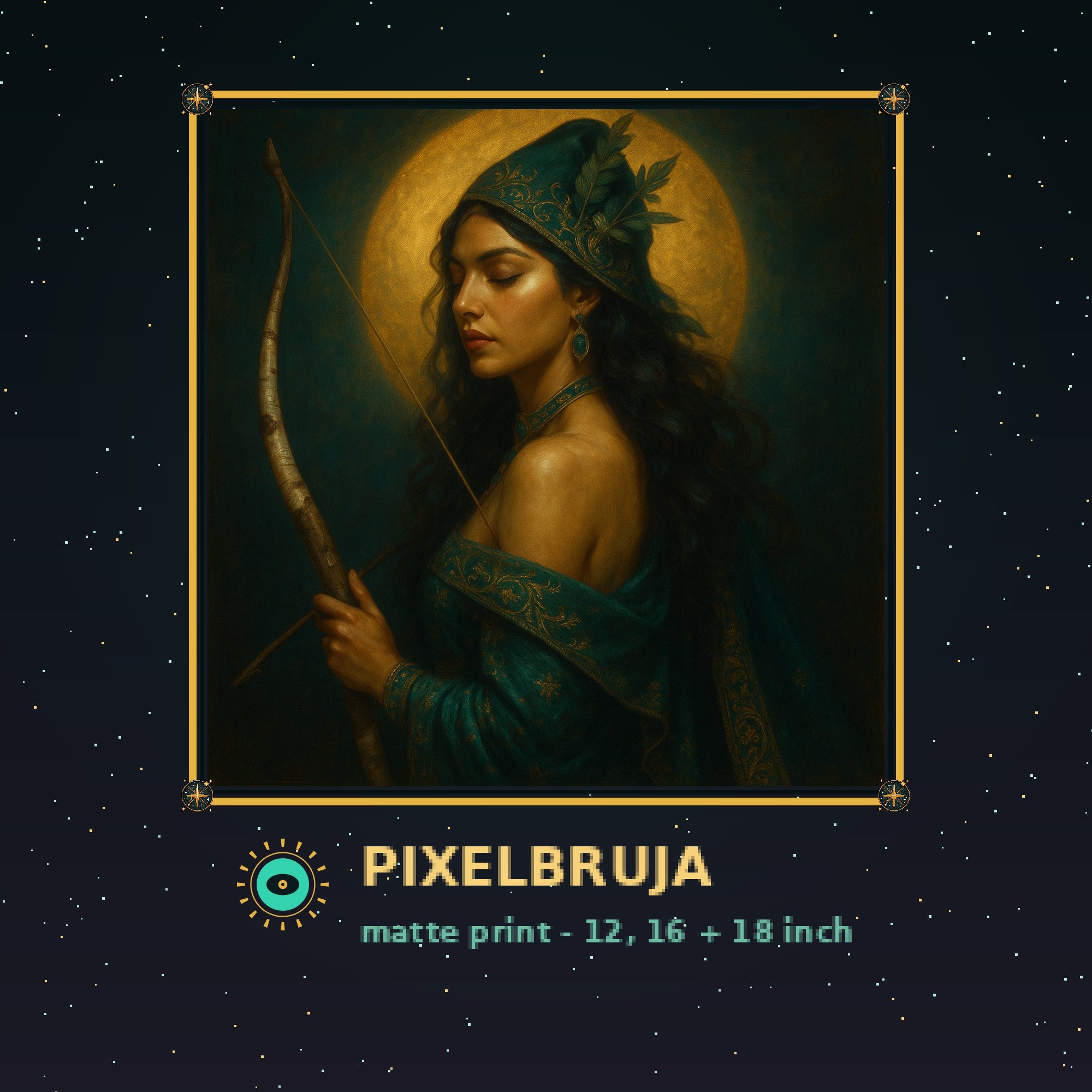 Evergreen Huntress Witch — Pixel Bruja Art Print — framed pixel mockup