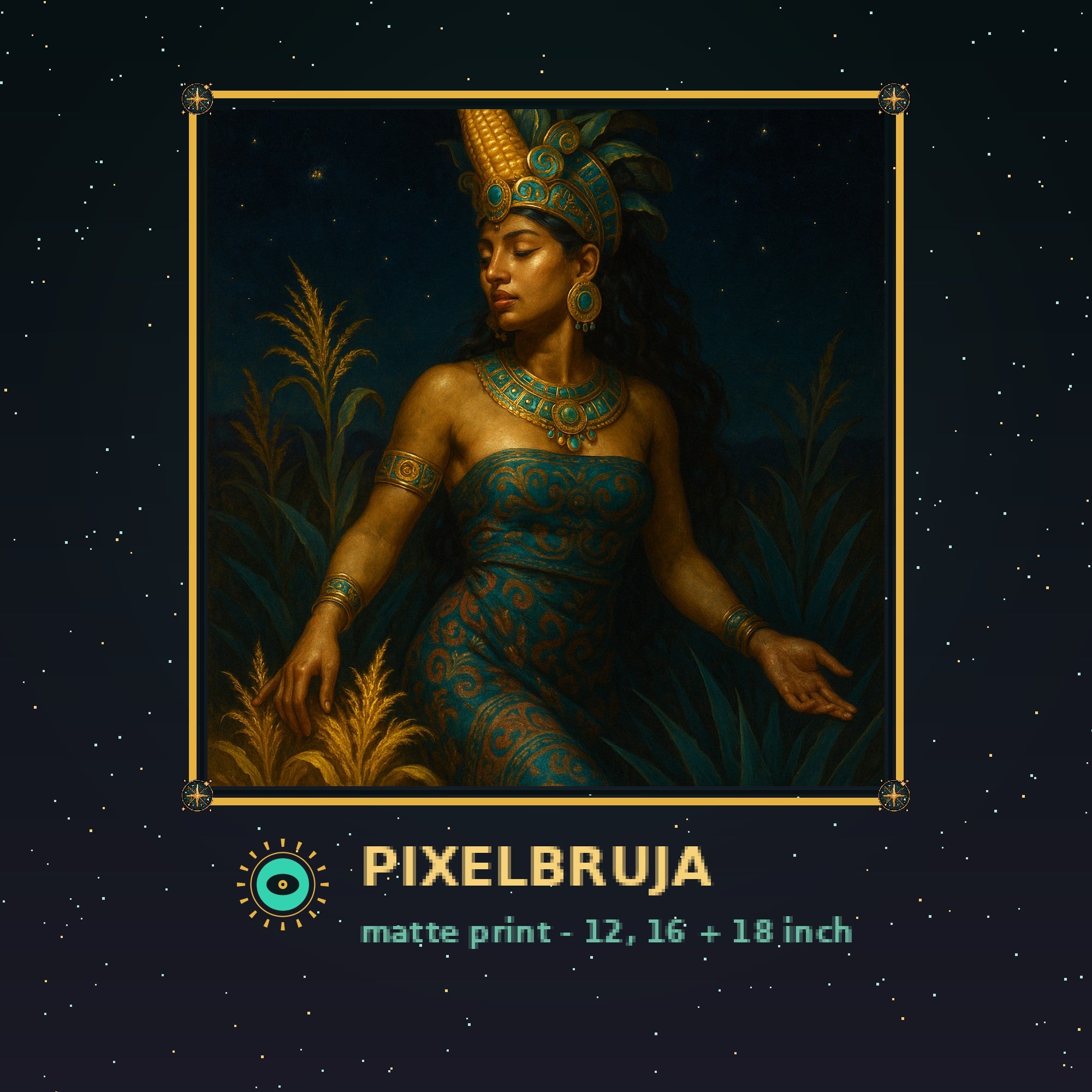 Maya Maize Goddess — Pixel Bruja Art Print — framed pixel mockup